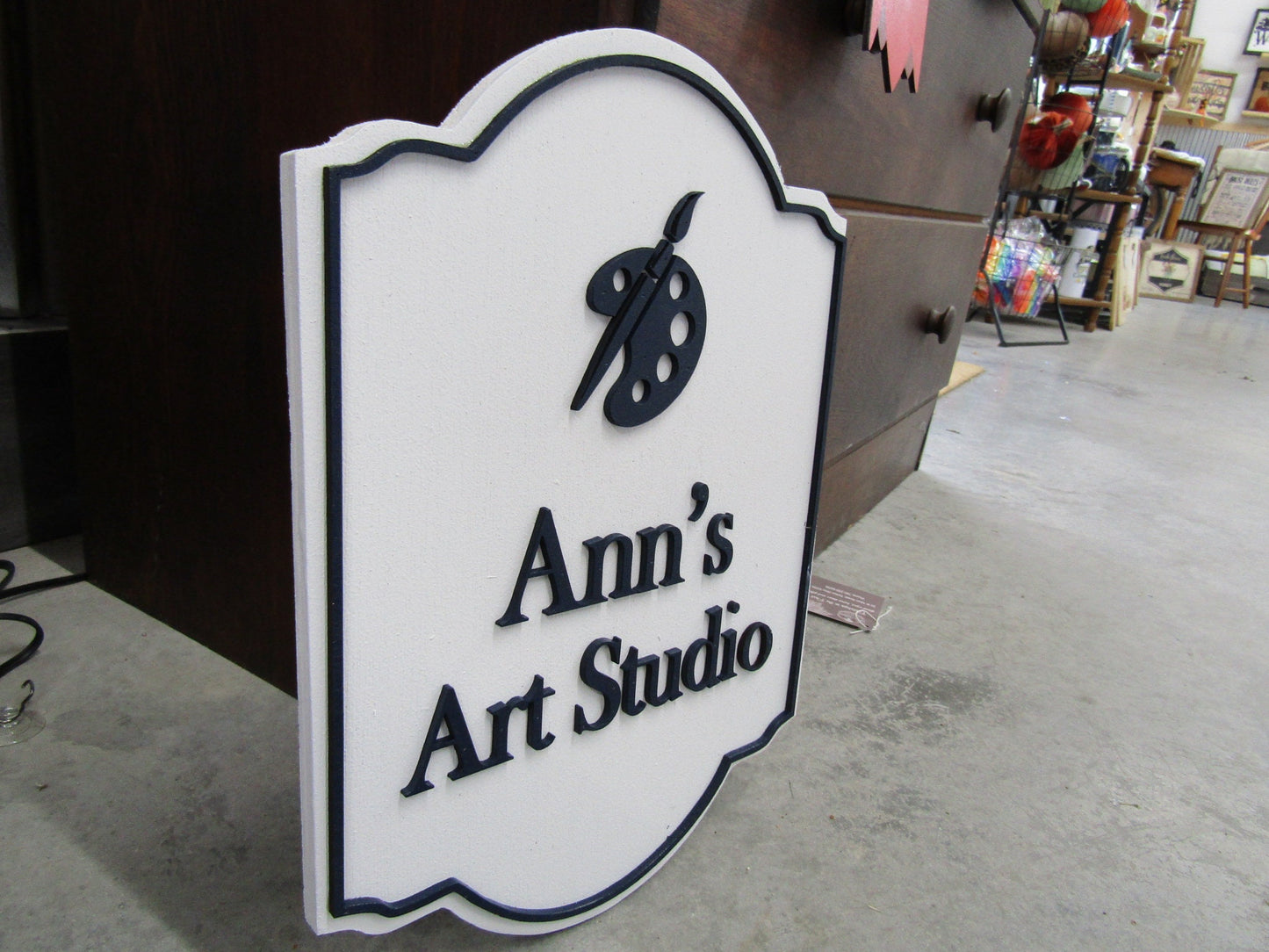 Art Studio Paint Brush Pallette Custom Personalized Contoured Signage Shop Business Sign Wooden Handmade 3D Raised Text Logo Minimalist