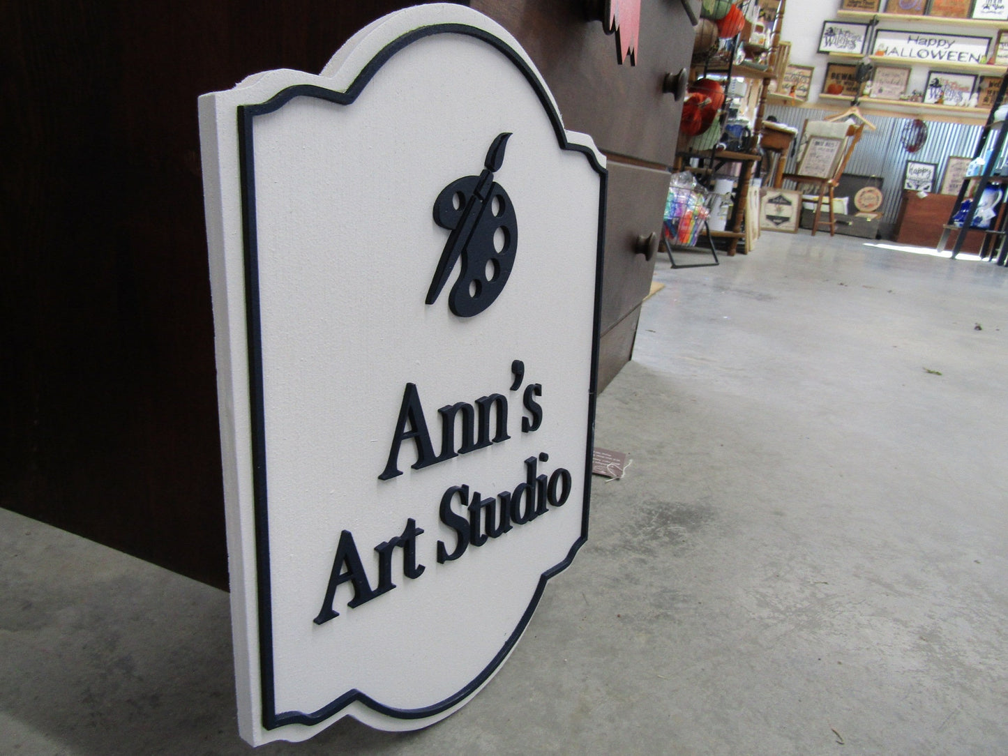 Art Studio Paint Brush Pallette Custom Personalized Contoured Signage Shop Business Sign Wooden Handmade 3D Raised Text Logo Minimalist