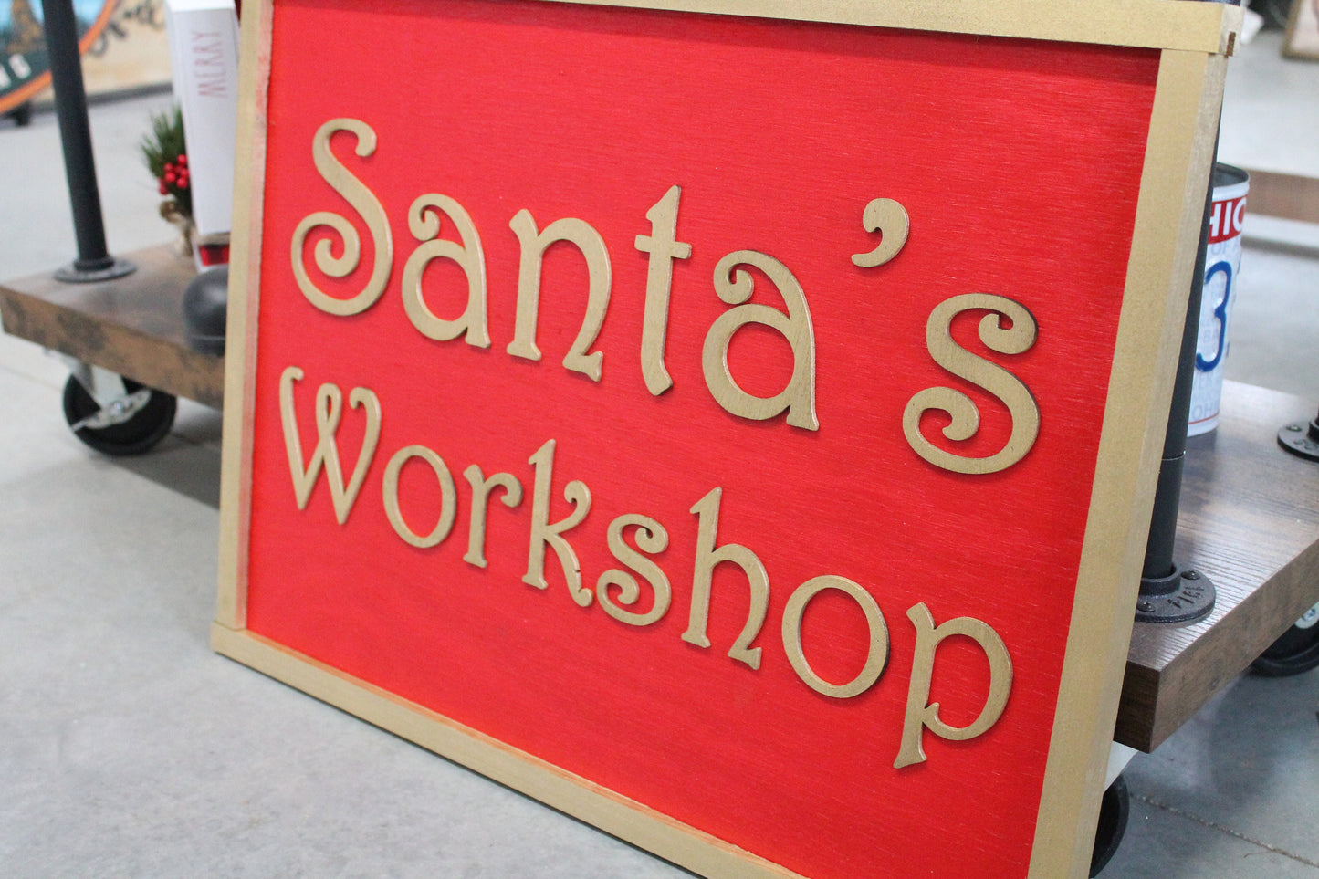Santas Workshop Rectangle Raised Wooden 3D Sign Christmas Sign Seasonal Red Handmade Novelty Decor