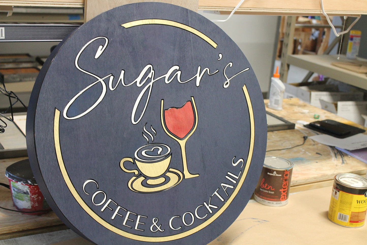 Coffee And Cocktails Light up LED Wooden Handmade Indoor Kitchen Coffee Shop Sign Custom Made Wine Glass Mug Round Remote Light Changing