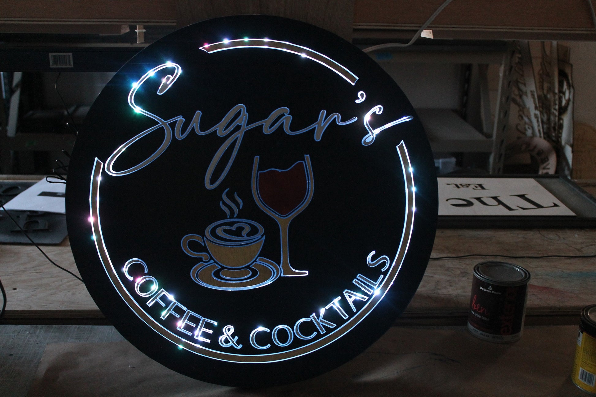 Coffee And Cocktails Light up LED Wooden Handmade Indoor Kitchen Coffee Shop Sign Custom Made Wine Glass Mug Round Remote Light Changing