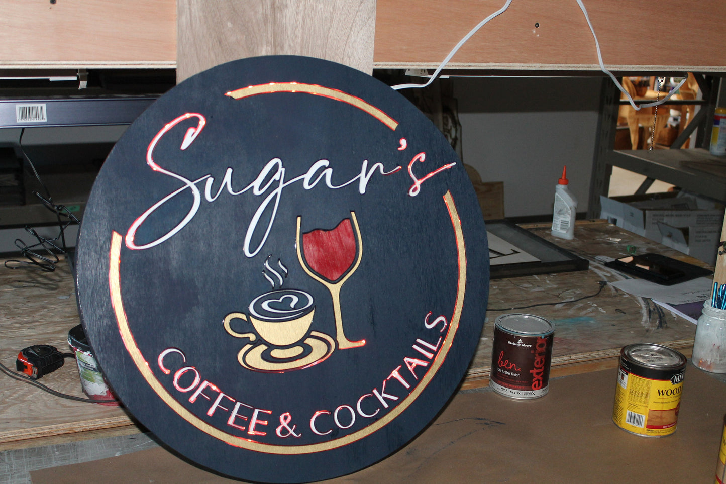 Coffee And Cocktails Light up LED Wooden Handmade Indoor Kitchen Coffee Shop Sign Custom Made Wine Glass Mug Round Remote Light Changing