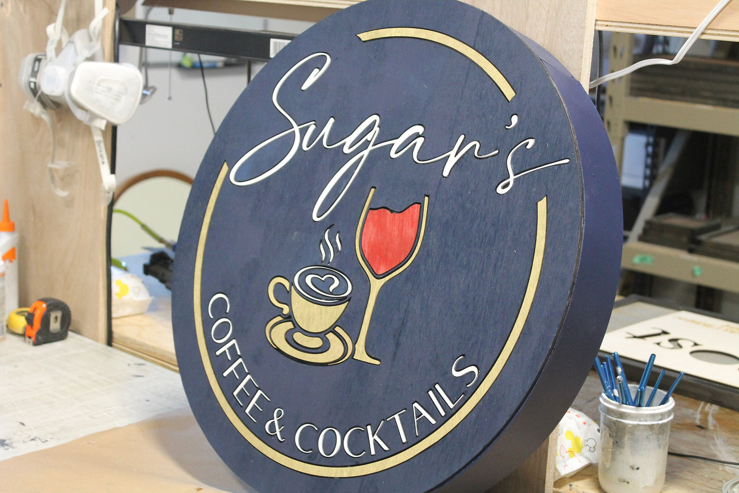 Coffee And Cocktails Light up LED Wooden Handmade Indoor Kitchen Coffee Shop Sign Custom Made Wine Glass Mug Round Remote Light Changing