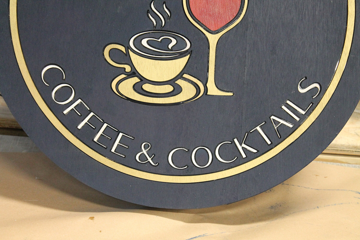 Coffee And Cocktails Light up LED Wooden Handmade Indoor Kitchen Coffee Shop Sign Custom Made Wine Glass Mug Round Remote Light Changing