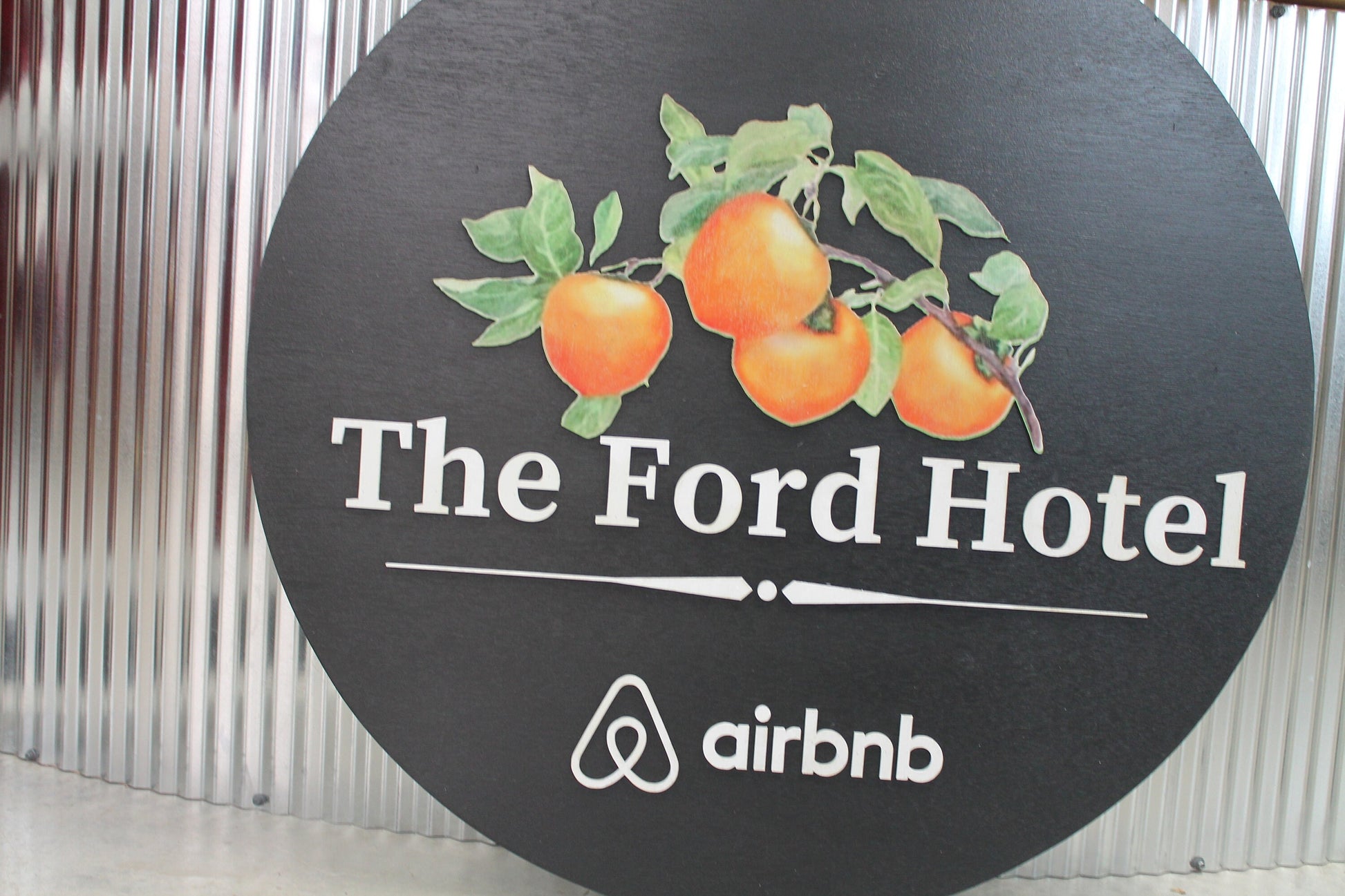 Hotel Peaches Oranges Hotel Sign Air BNB Sign Staycation Small Business Round Handmade Custom Sign 3D Color Raised Lettering Image