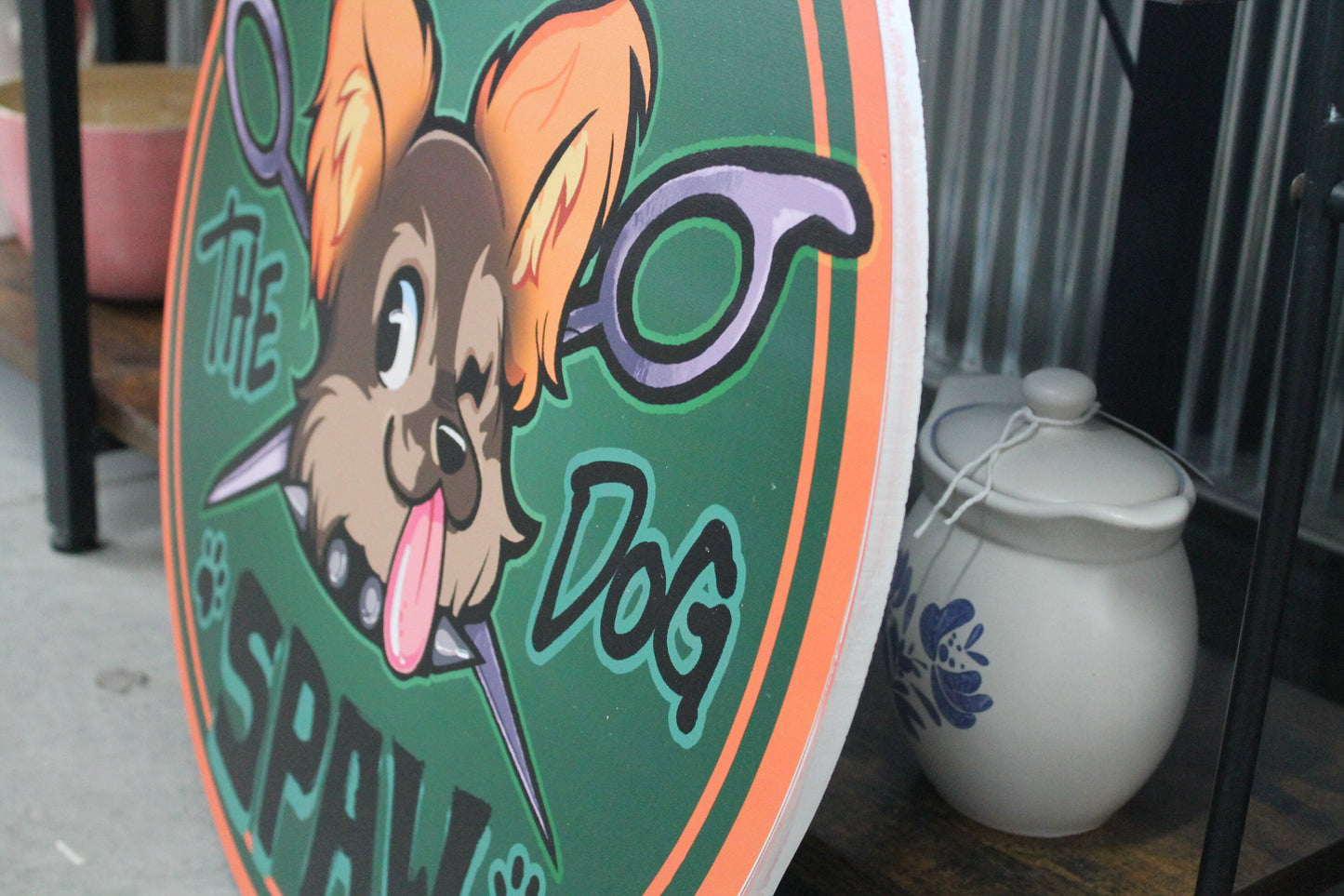 Dog Spa Business Sign Custom Printed Your Logo Puppy Paw Groomer Winking Cartoon Full Color Light Weight Door Hanger Store Front Signage