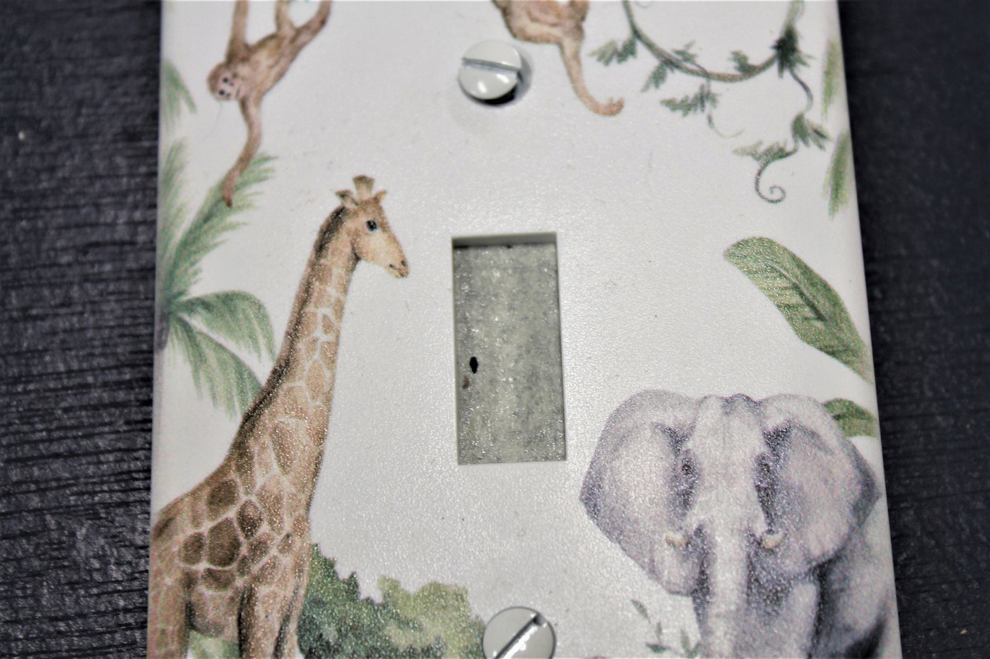 jungle elephant giraffe monkey wild decor nursery tree light switch plate cover printed durable green decor unique custom piece