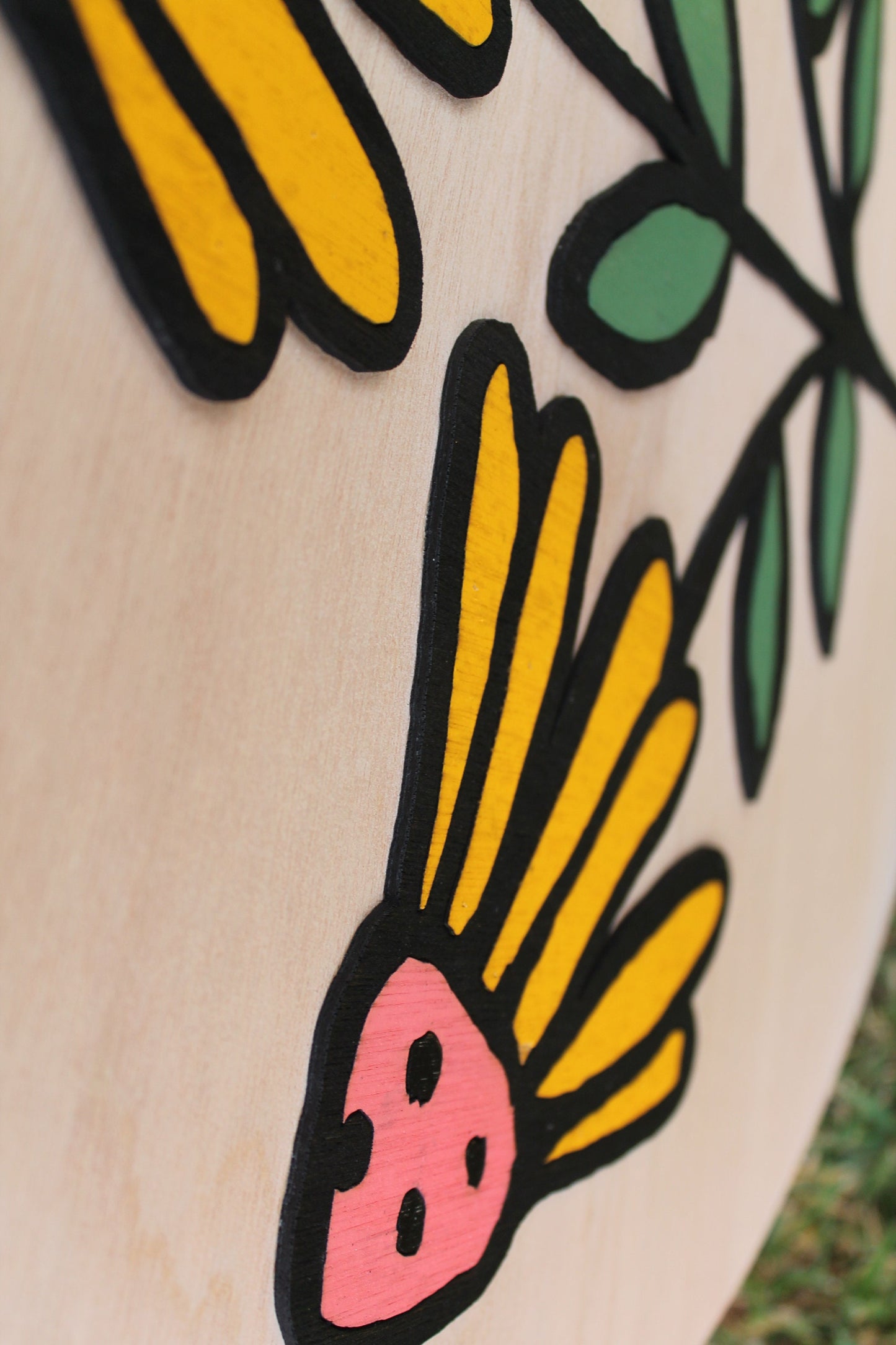 Flower Wildflower 3D Daisy Coneflower Handmade Round Wooden Sign Custom Personalized Logo Circle Raised Yellow Garden