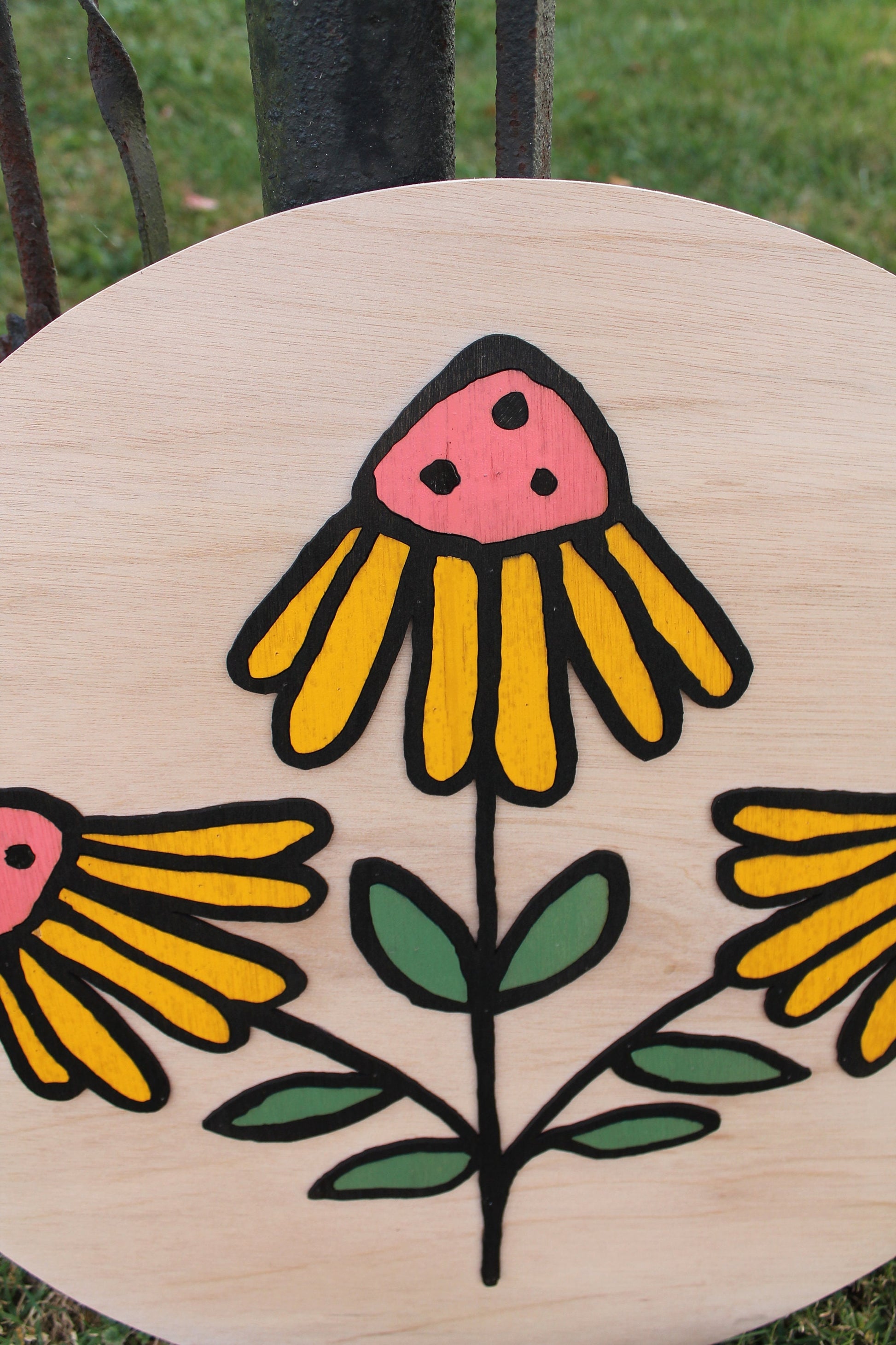 Flower Wildflower 3D Daisy Coneflower Handmade Round Wooden Sign Custom Personalized Logo Circle Raised Yellow Garden
