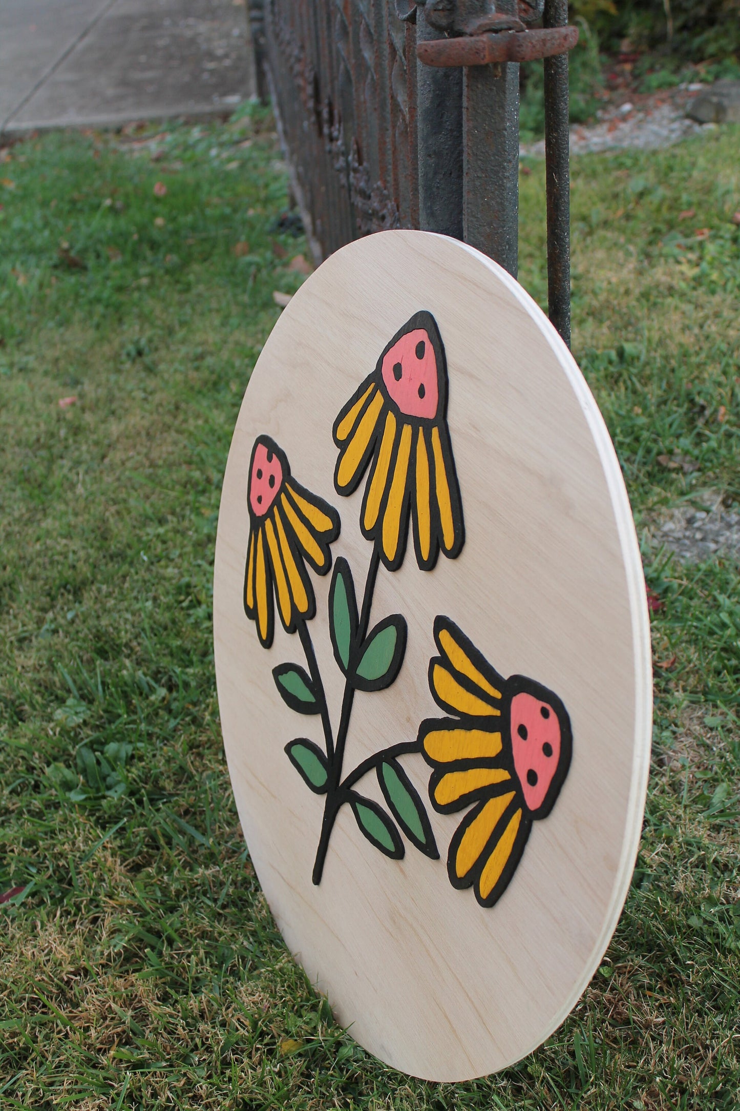 Flower Wildflower 3D Daisy Coneflower Handmade Round Wooden Sign Custom Personalized Logo Circle Raised Yellow Garden