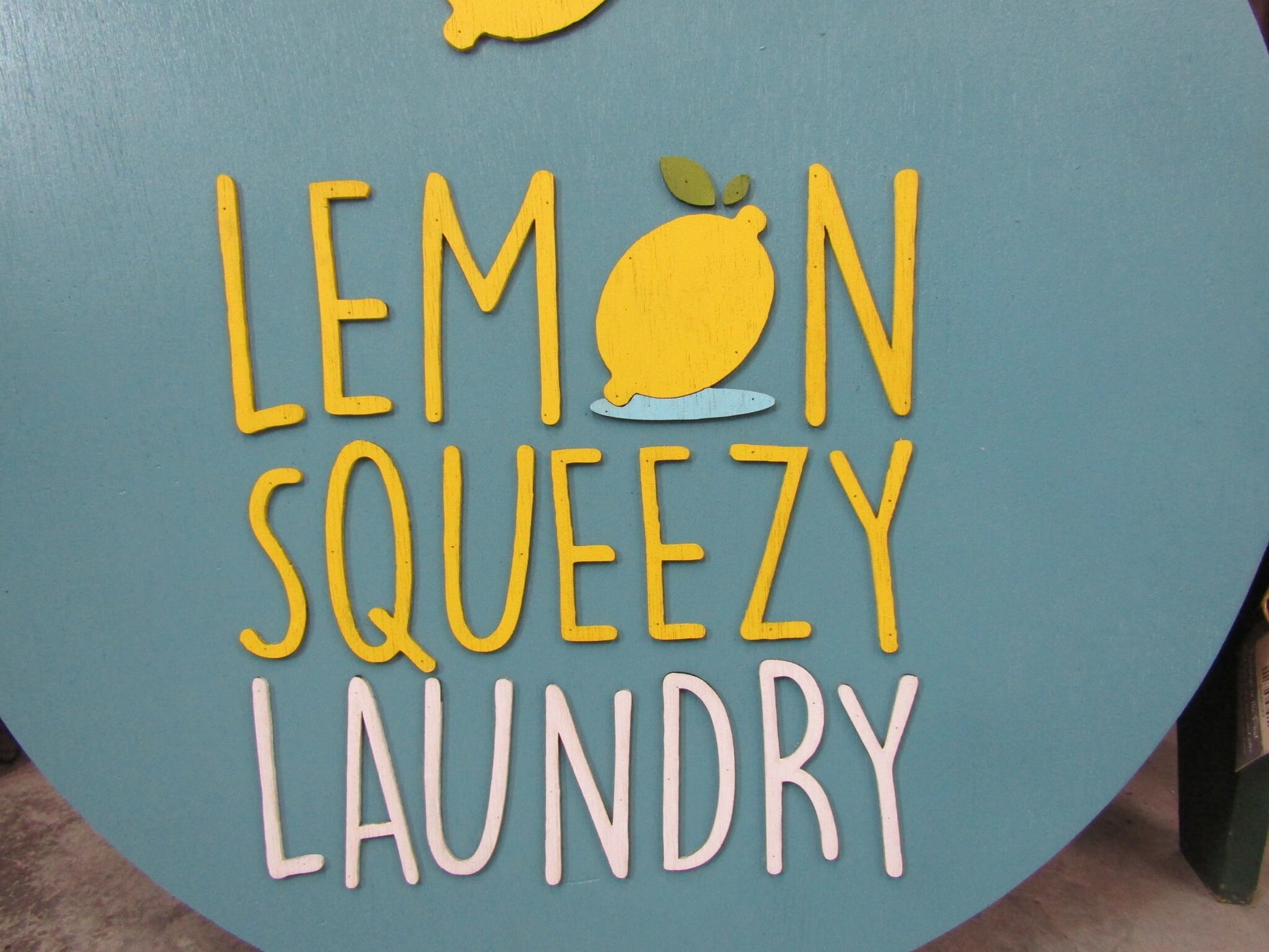 Lemon Sign Laundry Lemonade Squeezy Blue Yellow Custom Commerical Signage Round Circle Sign 3D Raised Handmade Wooden Business Sign