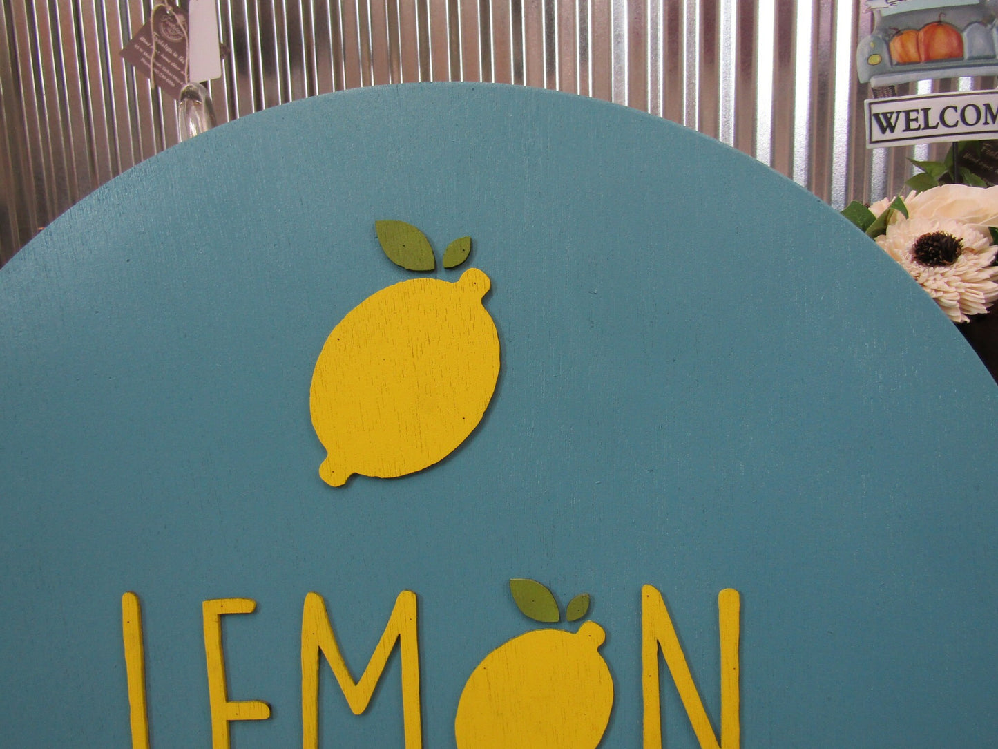 Lemon Sign Laundry Lemonade Squeezy Blue Yellow Custom Commerical Signage Round Circle Sign 3D Raised Handmade Wooden Business Sign