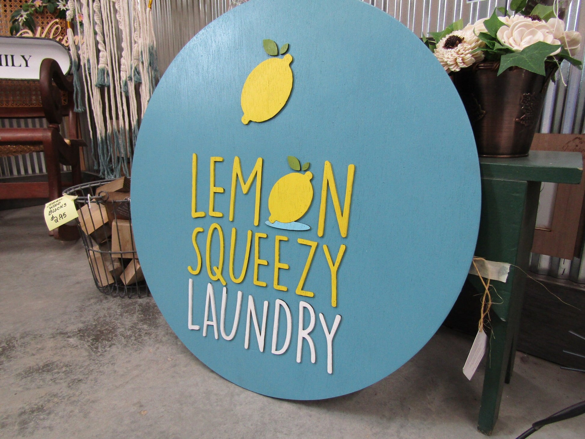 Lemon Sign Laundry Lemonade Squeezy Blue Yellow Custom Commerical Signage Round Circle Sign 3D Raised Handmade Wooden Business Sign