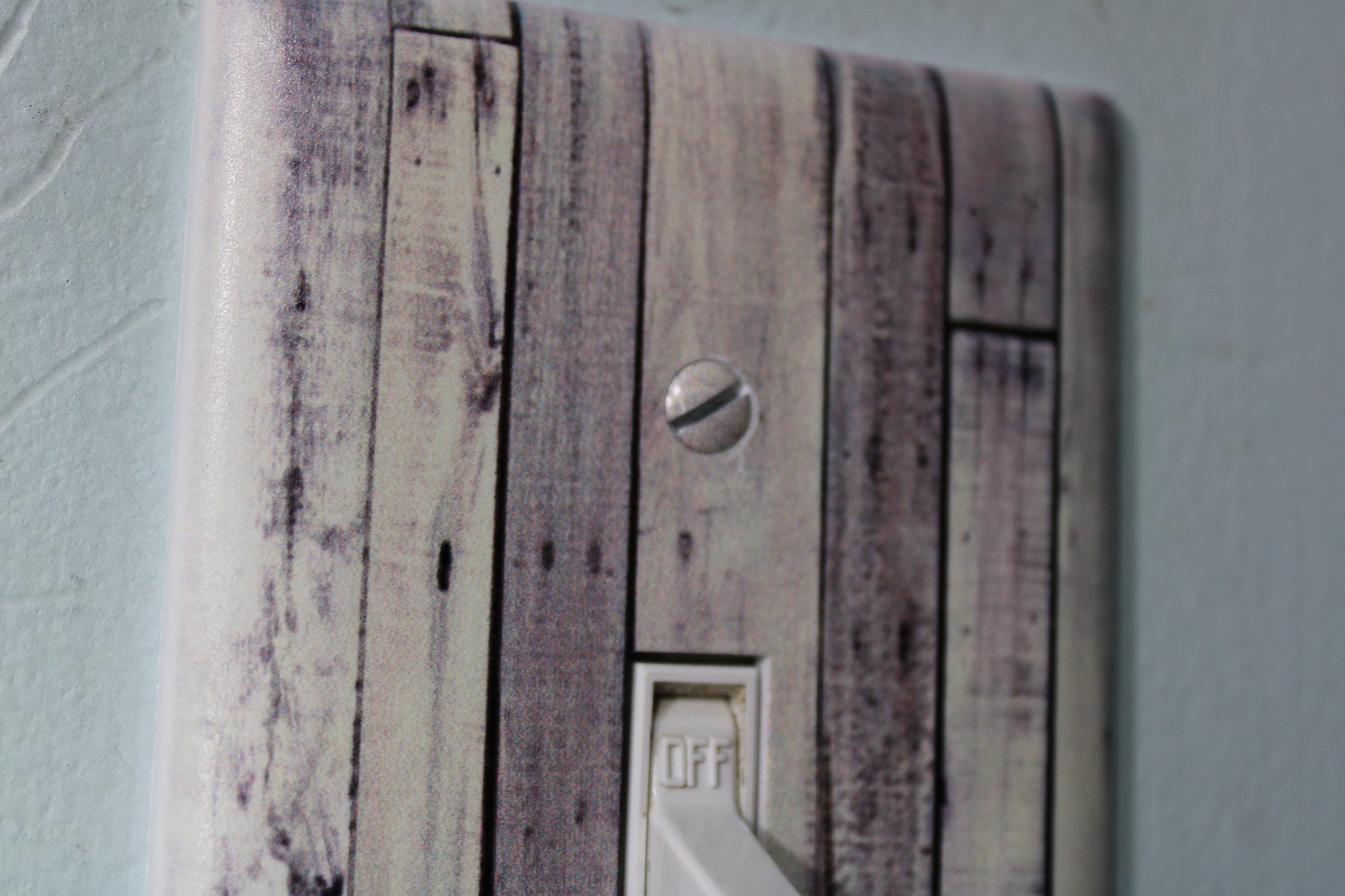 Rustic whitewashed pallet wood nails with warn painted paint chips light switch cover plate farmhouse decor
