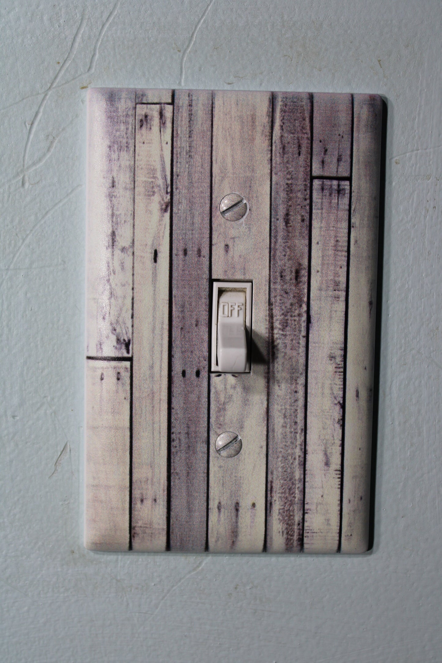 Rustic whitewashed pallet wood nails with warn painted paint chips light switch cover plate farmhouse decor