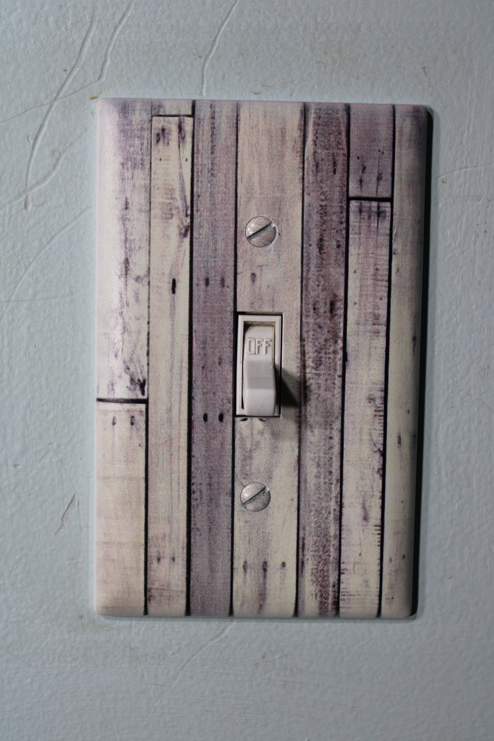 Rustic whitewashed pallet wood nails with warn painted paint chips light switch cover plate farmhouse decor