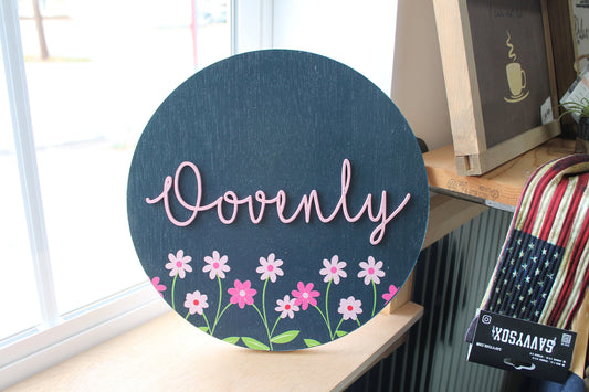 Custom Sign Round Nursery Little Girls Minimalist Made to Order Floral Circle Wooden Handmade Printed and Raised Name Pink Garden Spring