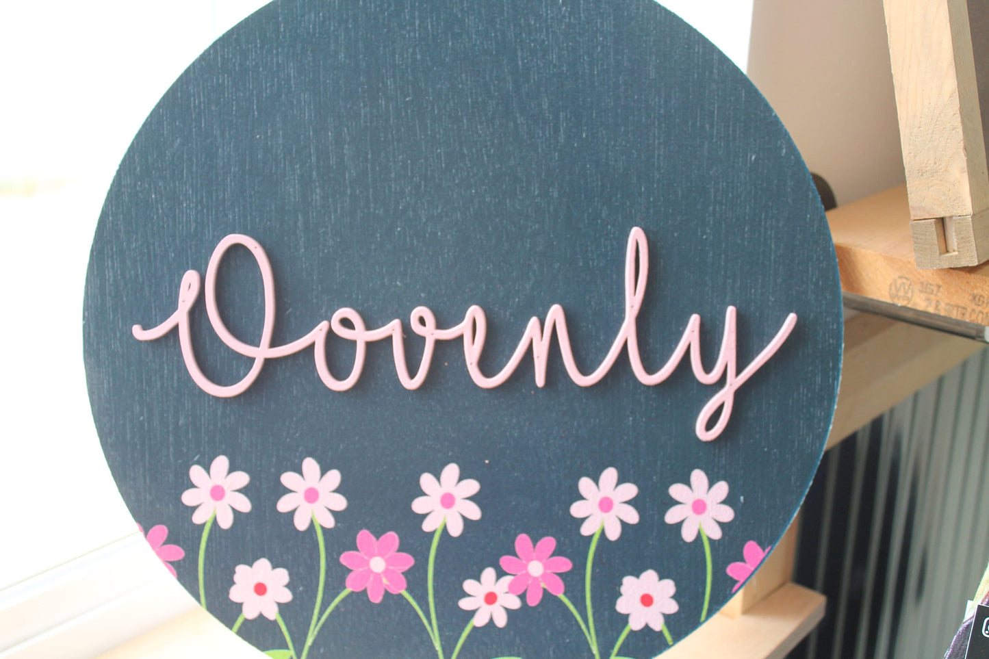 Custom Sign Round Nursery Little Girls Minimalist Made to Order Floral Circle Wooden Handmade Printed and Raised Name Pink Garden Spring