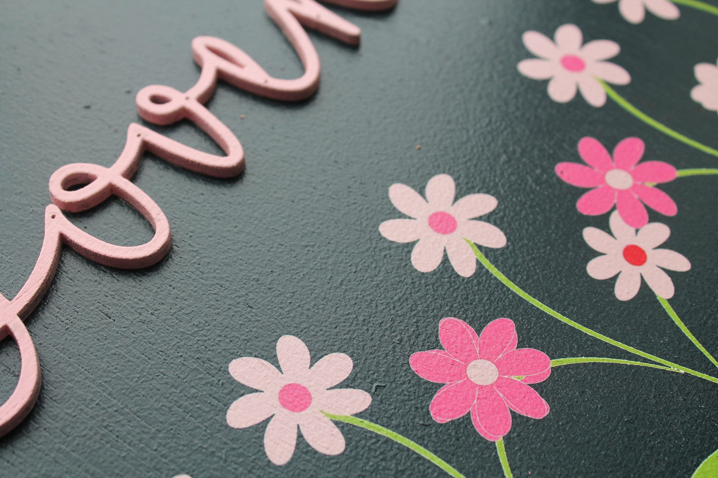Custom Sign Round Nursery Little Girls Minimalist Made to Order Floral Circle Wooden Handmade Printed and Raised Name Pink Garden Spring