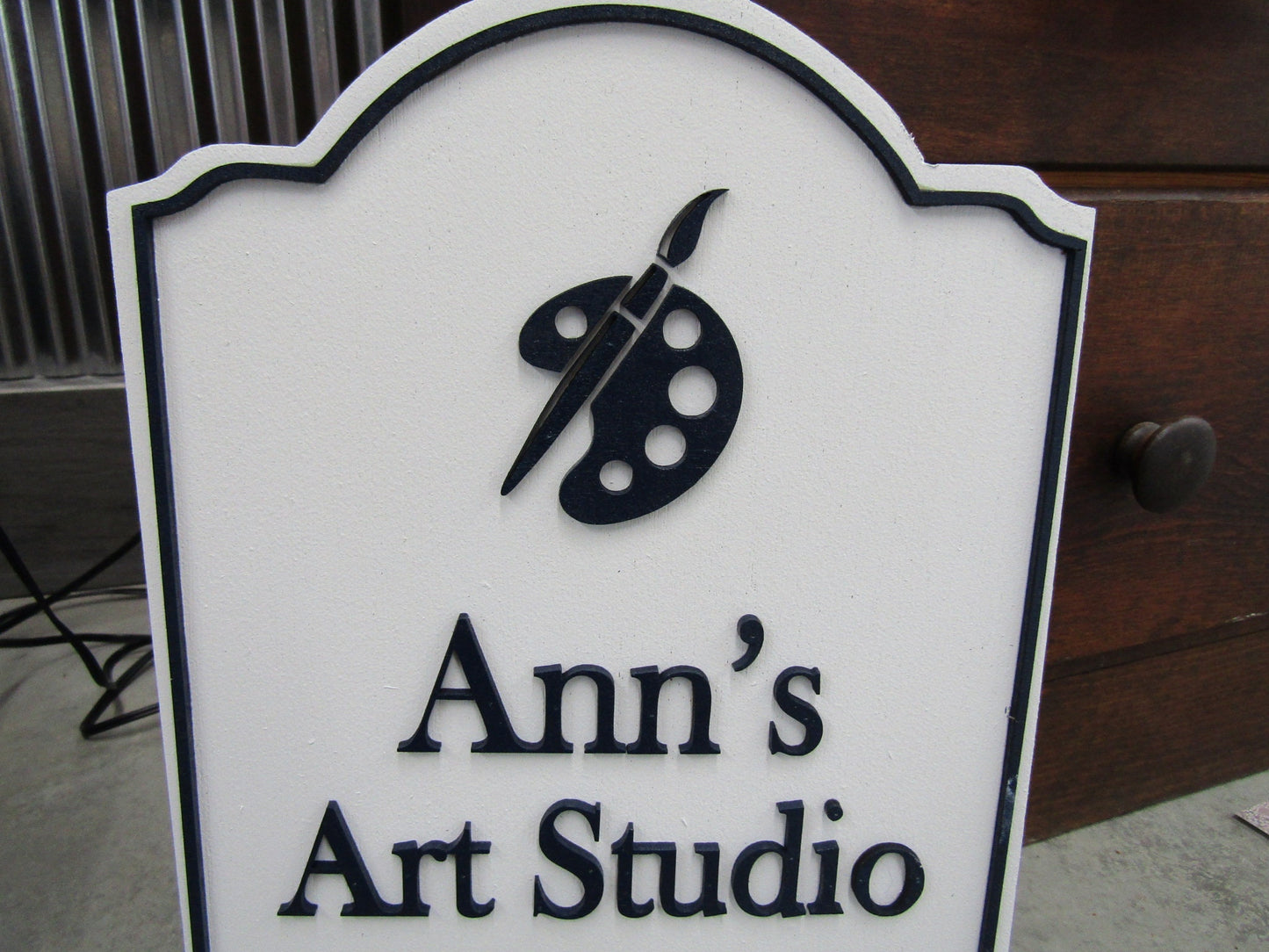 Art Studio Paint Brush Pallette Custom Personalized Contoured Signage Shop Business Sign Wooden Handmade 3D Raised Text Logo Minimalist