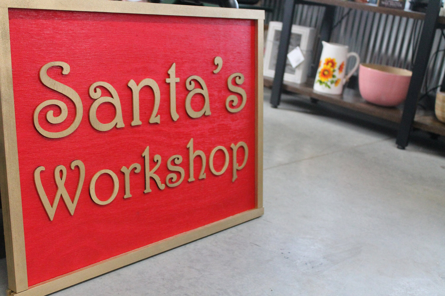 Santas Workshop Rectangle Raised Wooden 3D Sign Christmas Sign Seasonal Red Handmade Novelty Decor