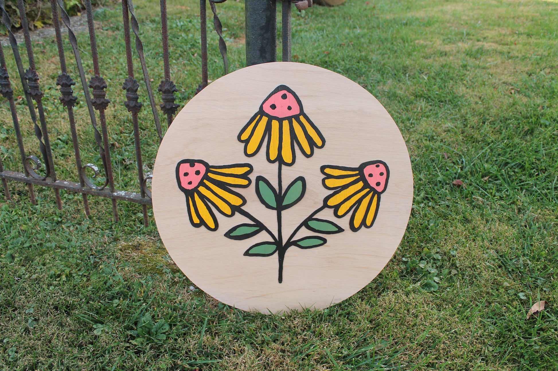 Flower Wildflower 3D Daisy Coneflower Handmade Round Wooden Sign Custom Personalized Logo Circle Raised Yellow Garden