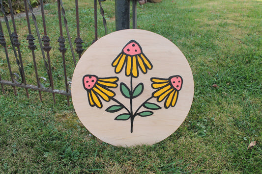 Flower Wildflower 3D Daisy Coneflower Handmade Round Wooden Sign Custom Personalized Logo Circle Raised Yellow Garden