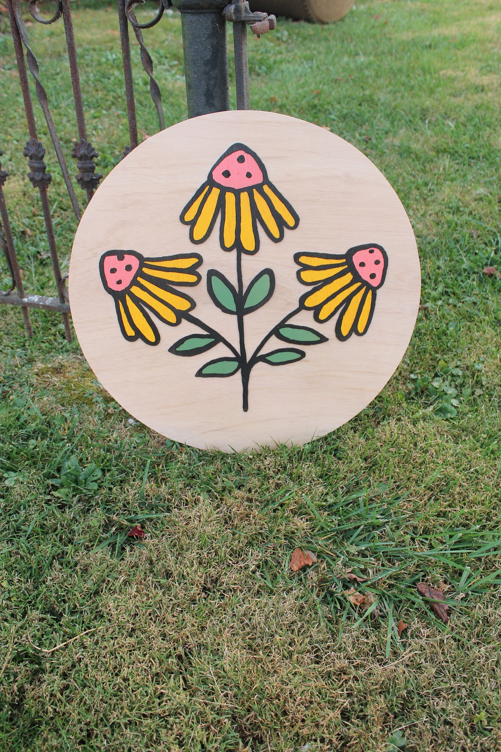 Flower Wildflower 3D Daisy Coneflower Handmade Round Wooden Sign Custom Personalized Logo Circle Raised Yellow Garden