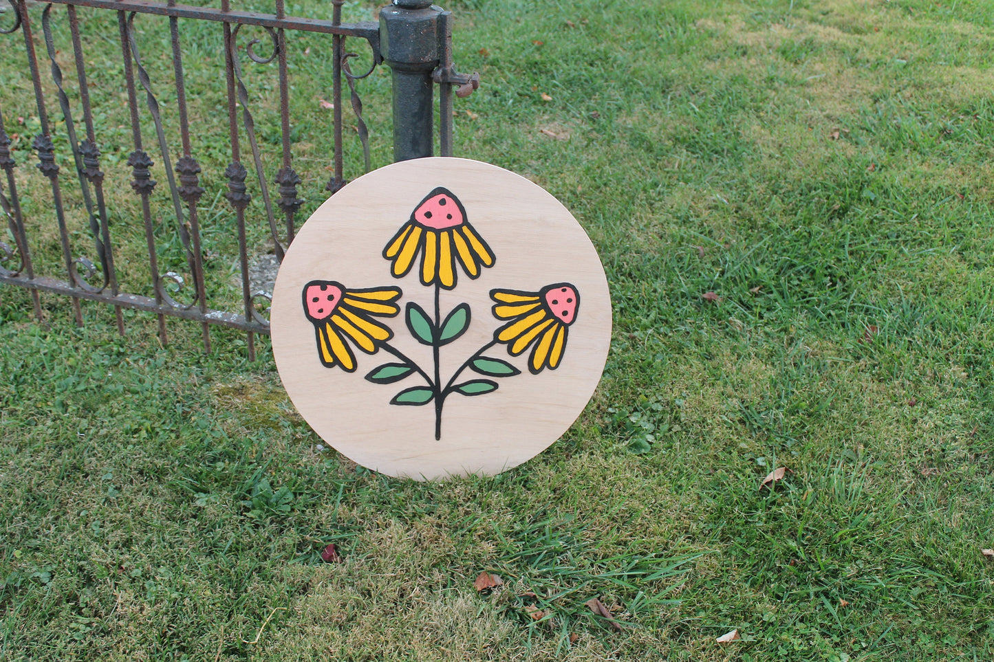 Flower Wildflower 3D Daisy Coneflower Handmade Round Wooden Sign Custom Personalized Logo Circle Raised Yellow Garden