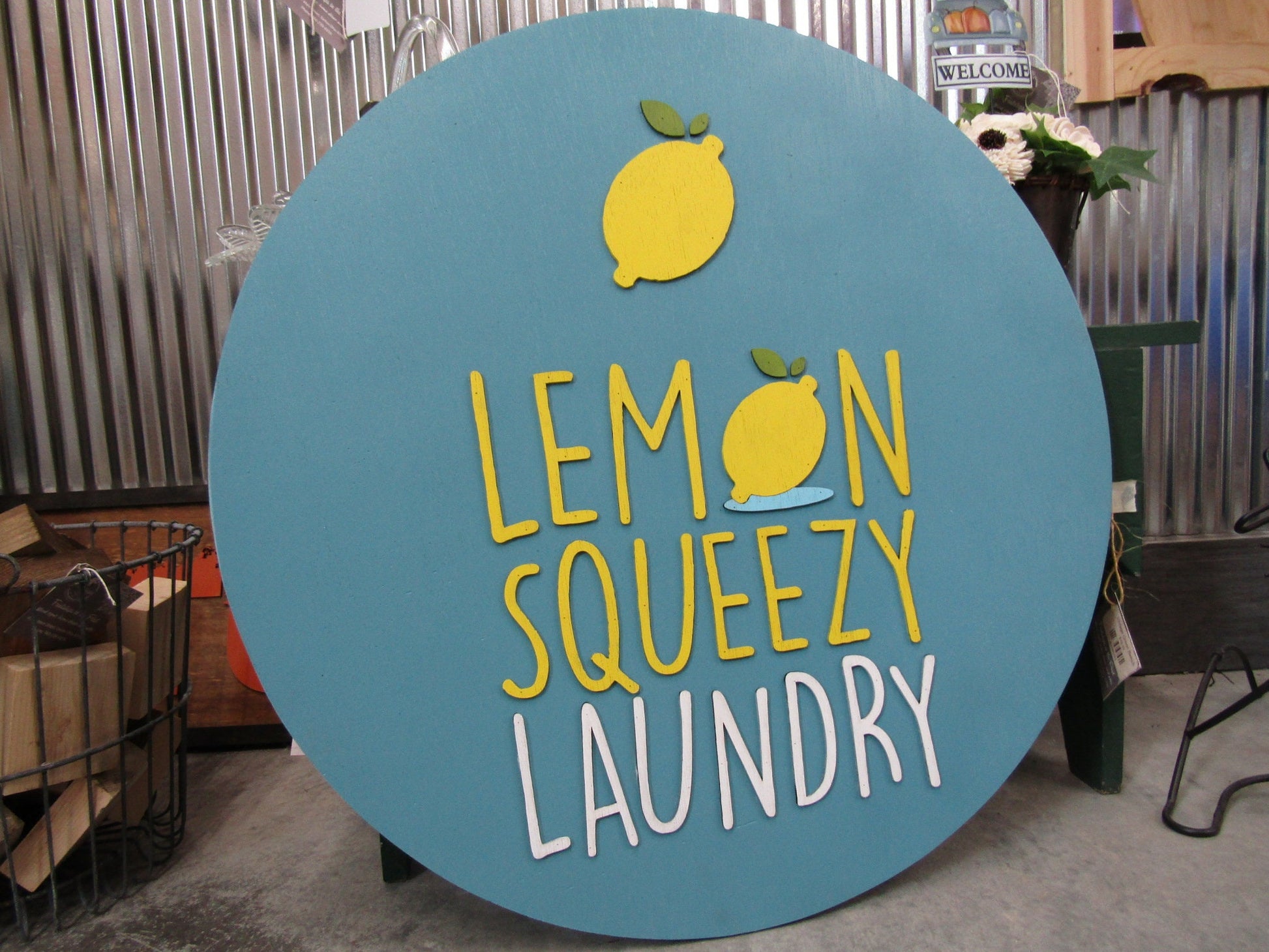 Lemon Sign Laundry Lemonade Squeezy Blue Yellow Custom Commerical Signage Round Circle Sign 3D Raised Handmade Wooden Business Sign