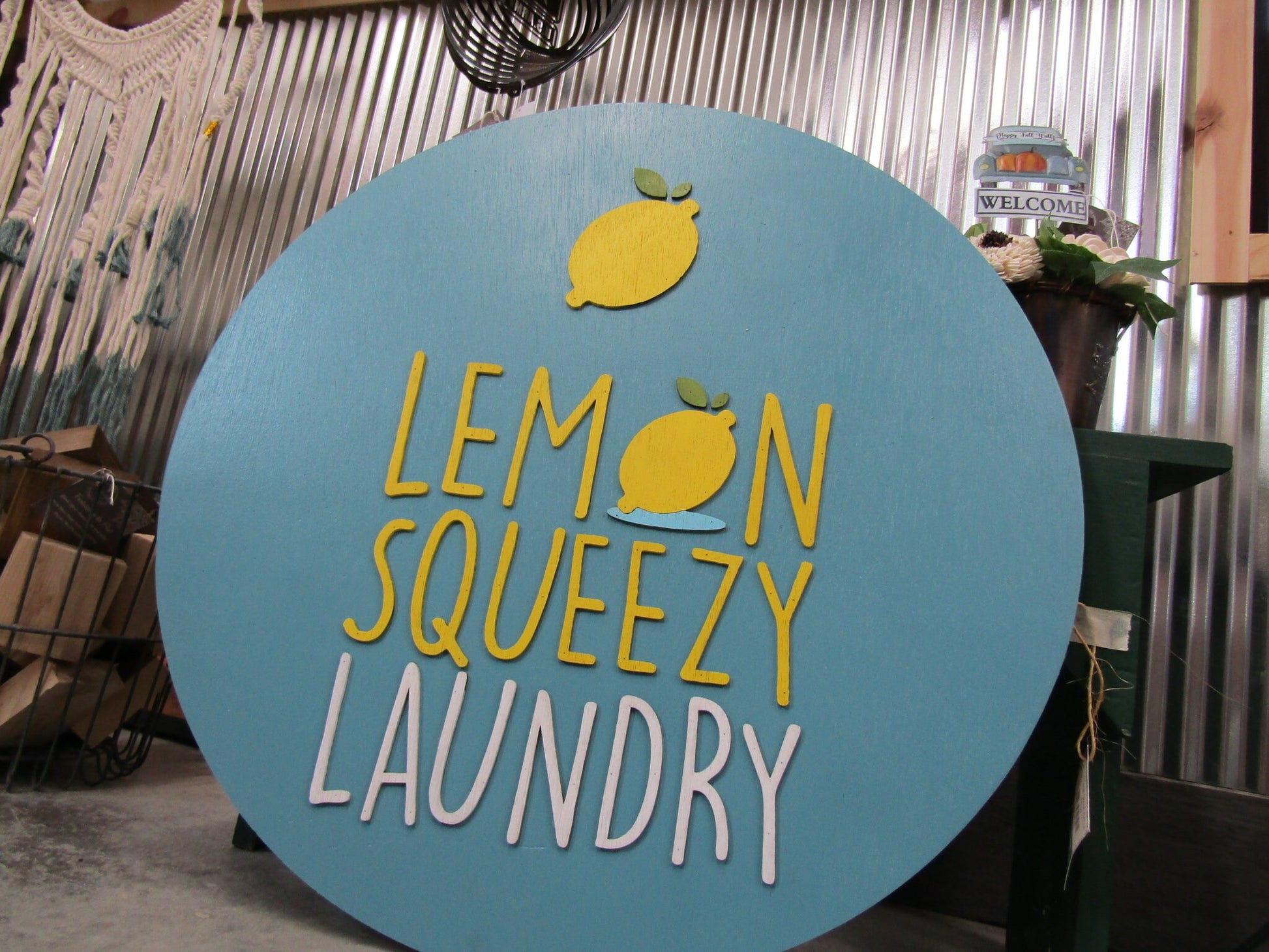 Lemon Sign Laundry Lemonade Squeezy Blue Yellow Custom Commerical Signage Round Circle Sign 3D Raised Handmade Wooden Business Sign