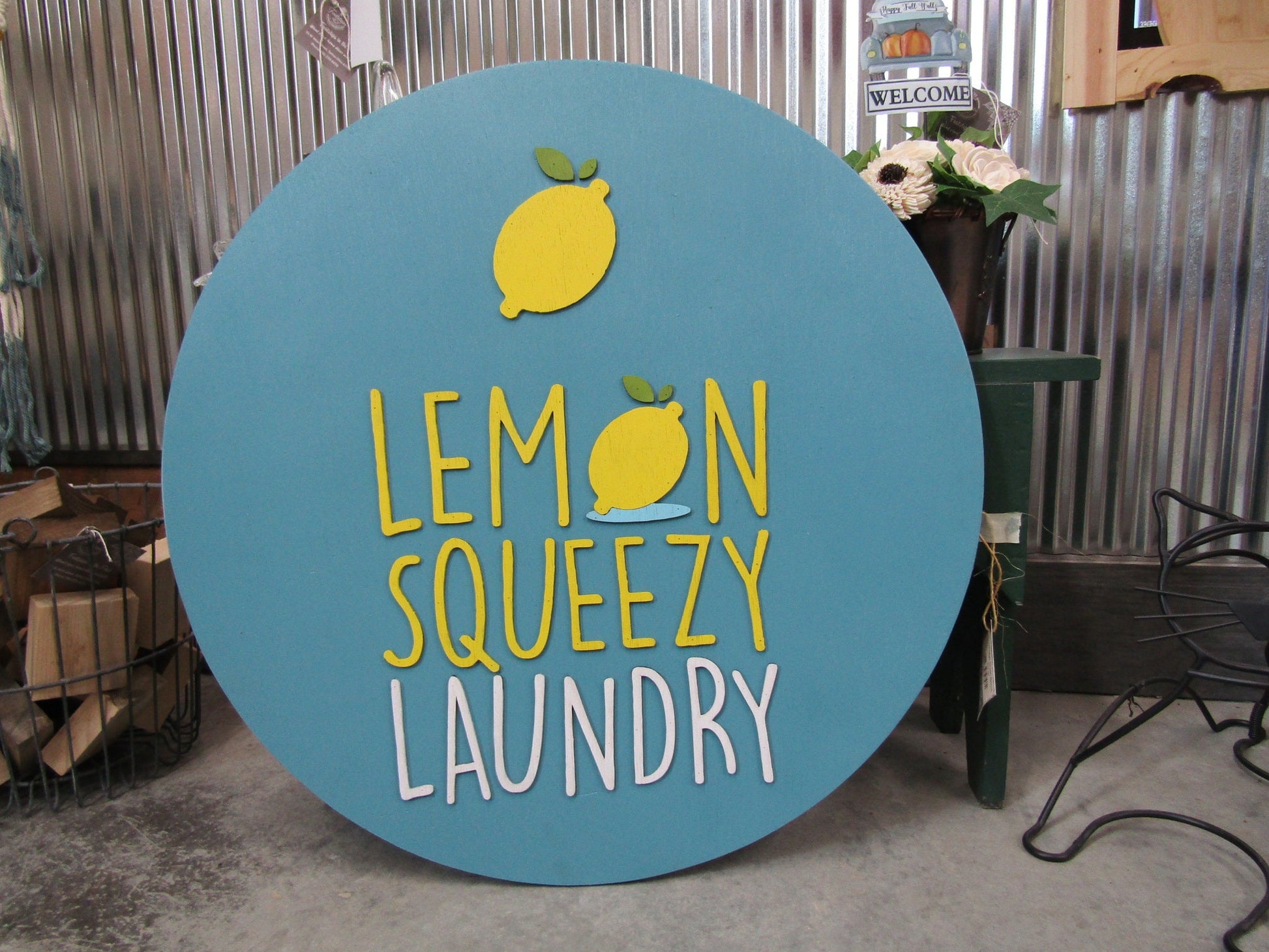 Lemon Sign Laundry Lemonade Squeezy Blue Yellow Custom Commerical Signage Round Circle Sign 3D Raised Handmade Wooden Business Sign