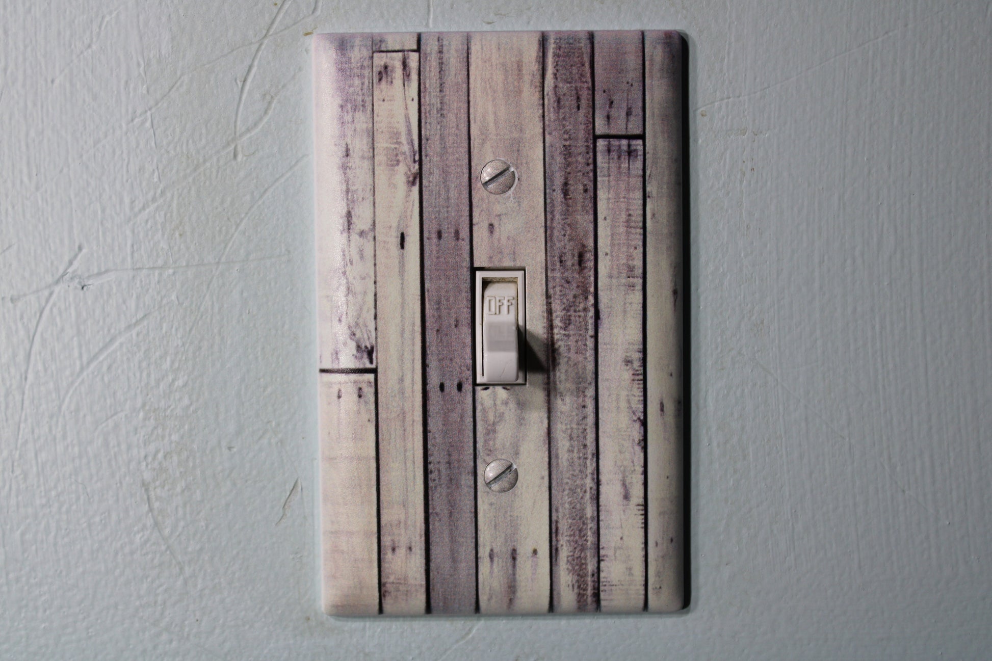 Rustic whitewashed pallet wood nails with warn painted paint chips light switch cover plate farmhouse decor