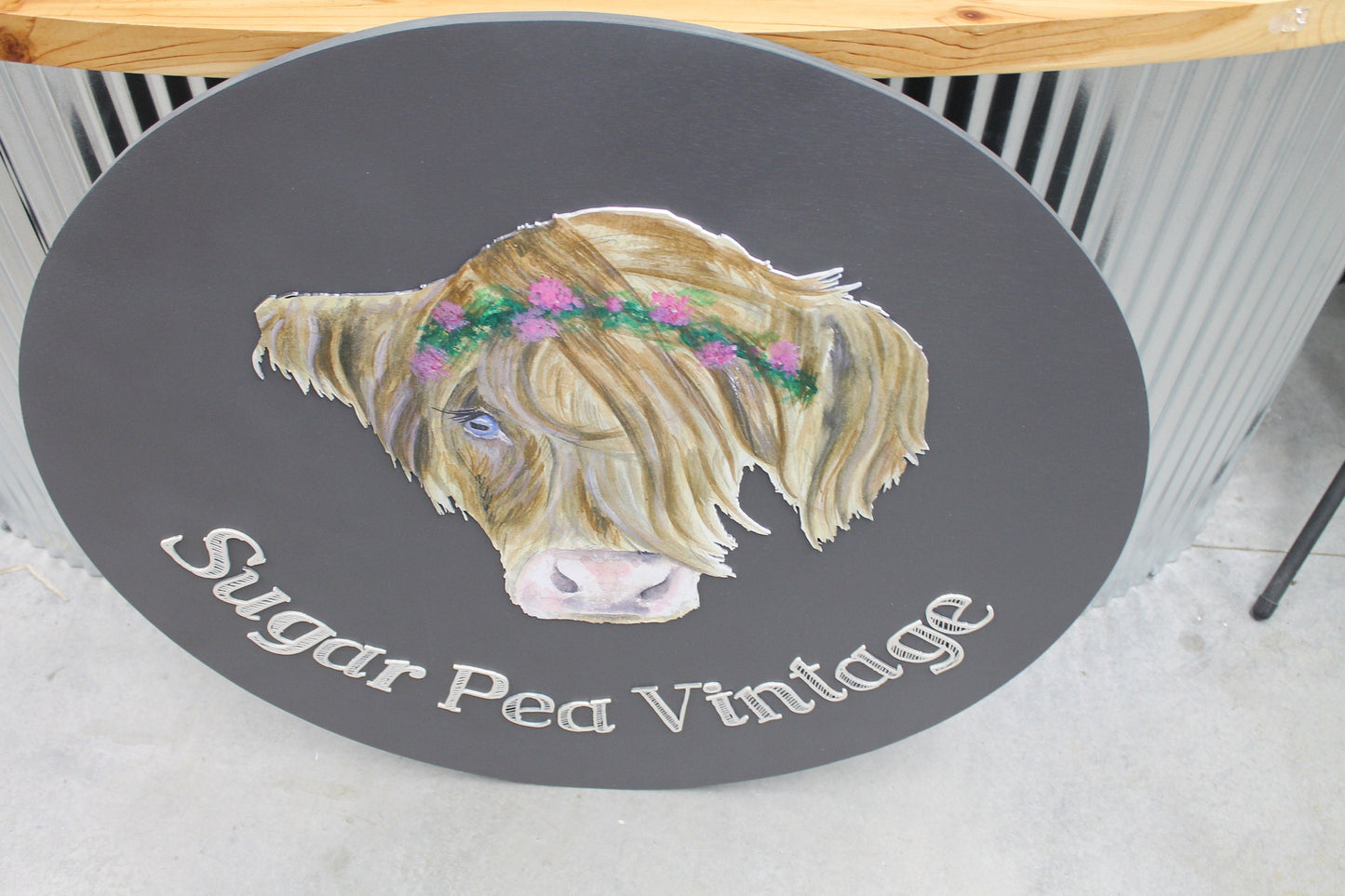 Custom Sign Highland Cow Vintage Store Round Made to Order Floral Crown Circle Wooden Handmade Printed and Raised Logo Personalized SugarPea