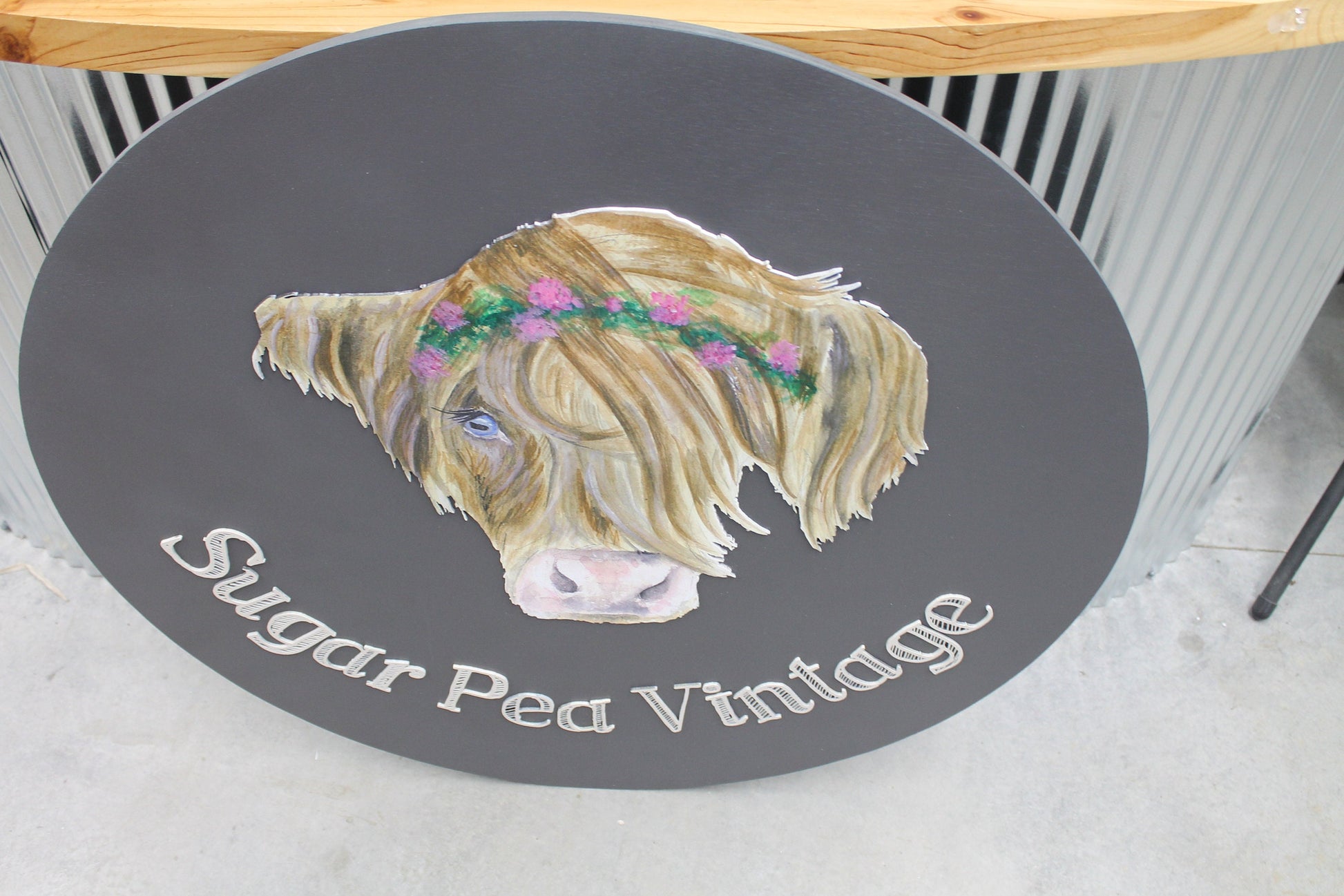 Custom Sign Highland Cow Vintage Store Round Made to Order Floral Crown Circle Wooden Handmade Printed and Raised Logo Personalized SugarPea