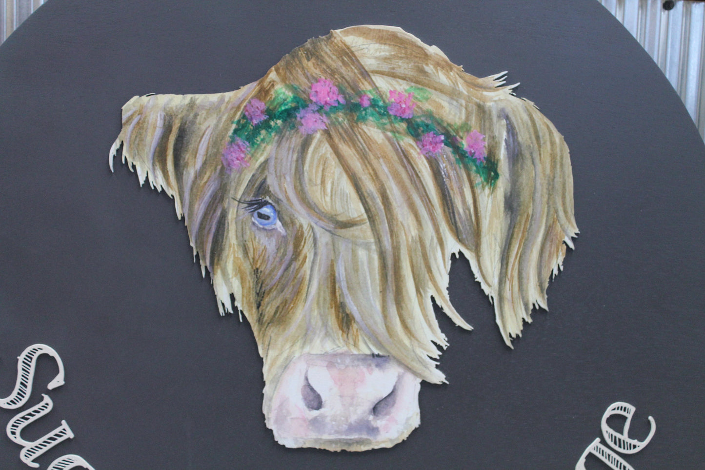 Custom Sign Highland Cow Vintage Store Round Made to Order Floral Crown Circle Wooden Handmade Printed and Raised Logo Personalized SugarPea