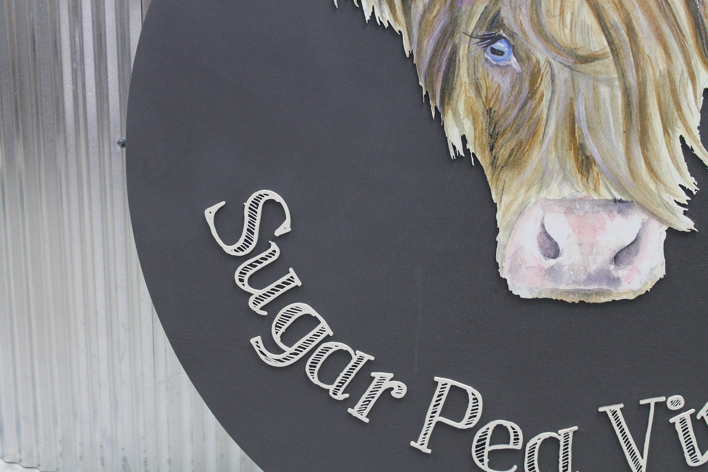 Custom Sign Highland Cow Vintage Store Round Made to Order Floral Crown Circle Wooden Handmade Printed and Raised Logo Personalized SugarPea