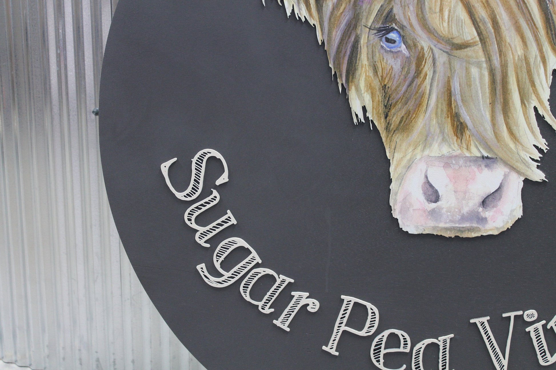 Custom Sign Highland Cow Vintage Store Round Made to Order Floral Crown Circle Wooden Handmade Printed and Raised Logo Personalized SugarPea