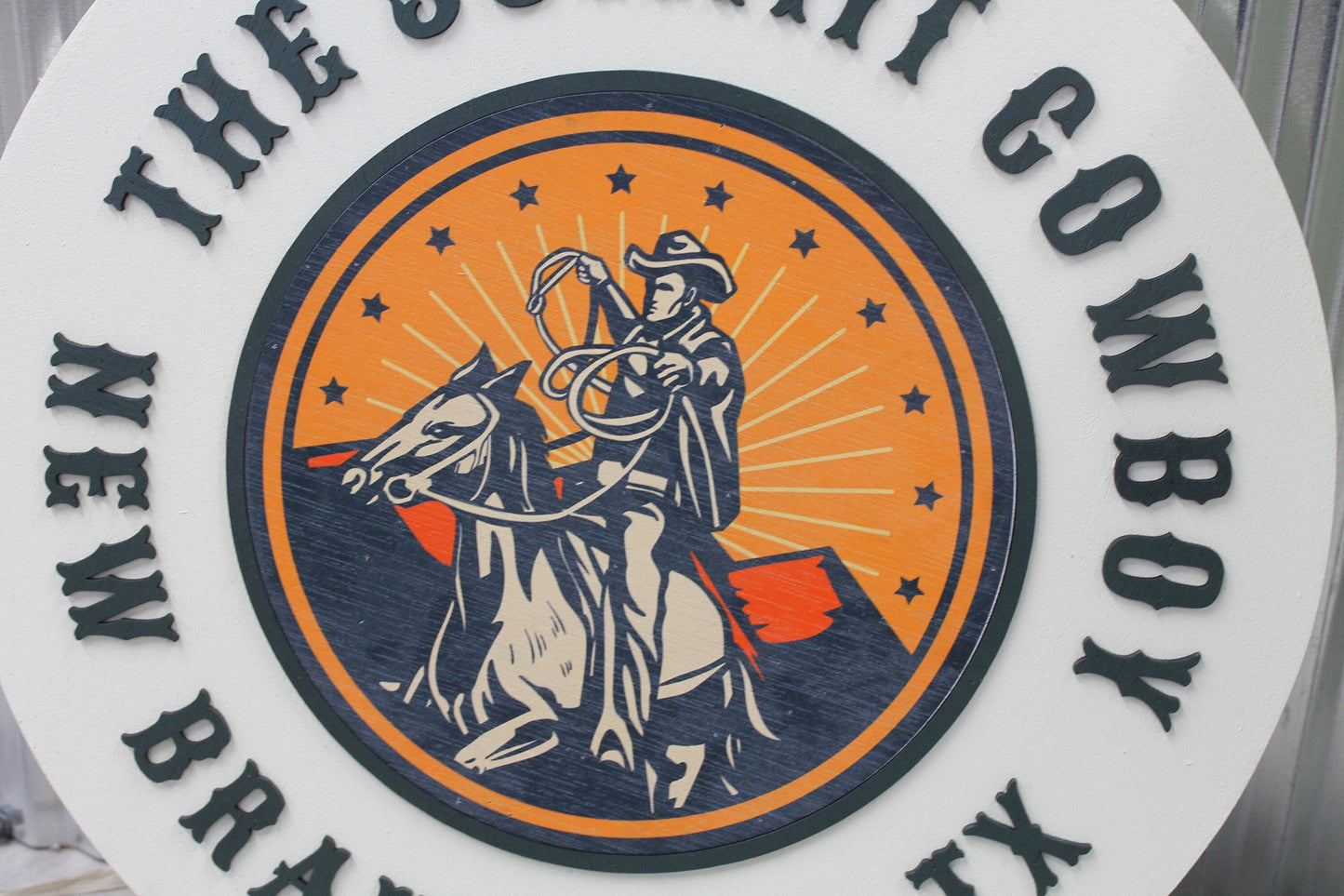 Cowboy Western Country Rope Texas Handmade Logo Custom Round Sign Printed and Raised Letters Laser Cut Personalized Commerical Signage