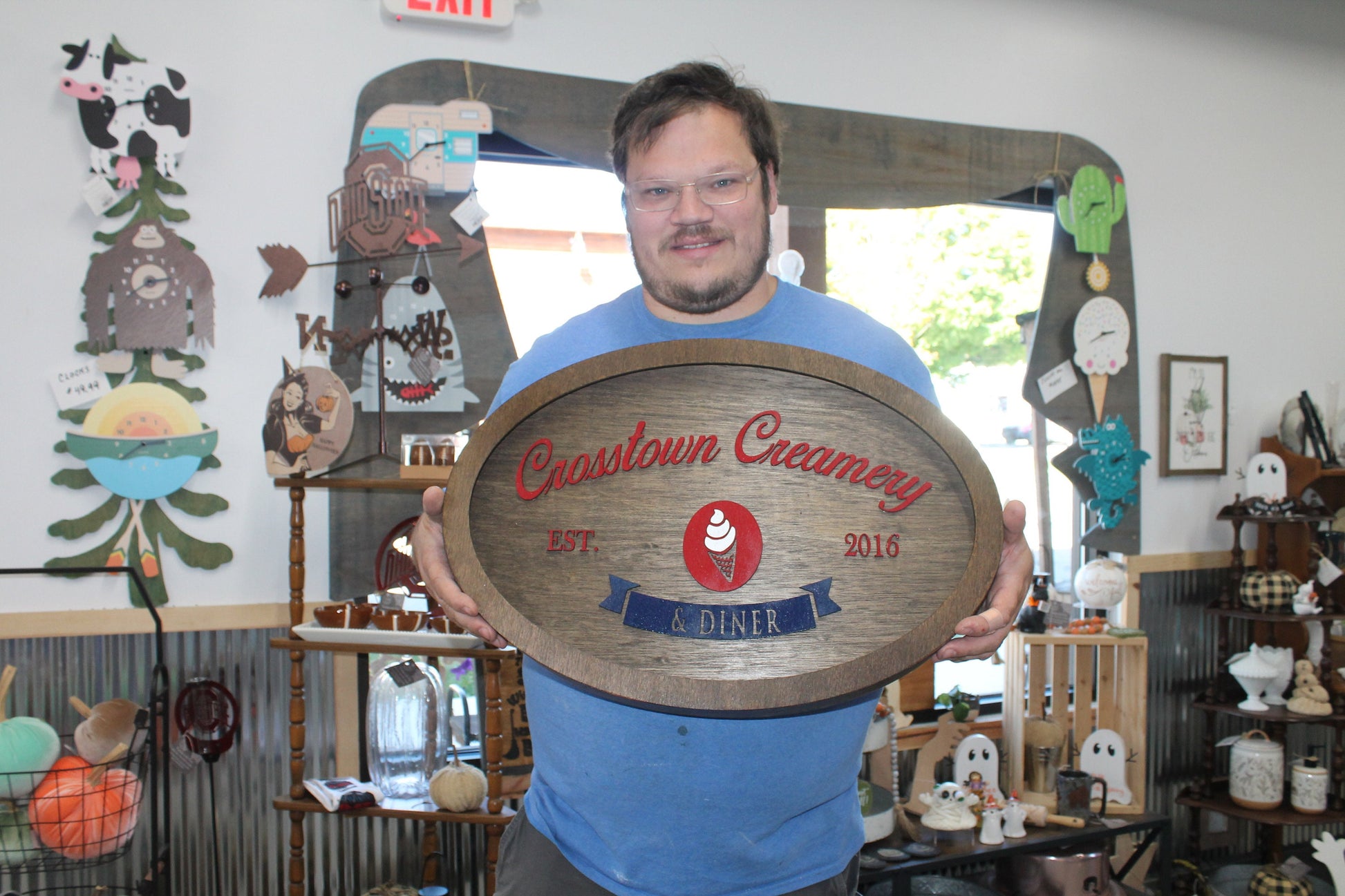 Custom Creamery Eatery Restaurant Ice Cream Wooden Led Elevated Text Raised Words Oval Light Up Indoor Remote Handmade Kitchen Logo