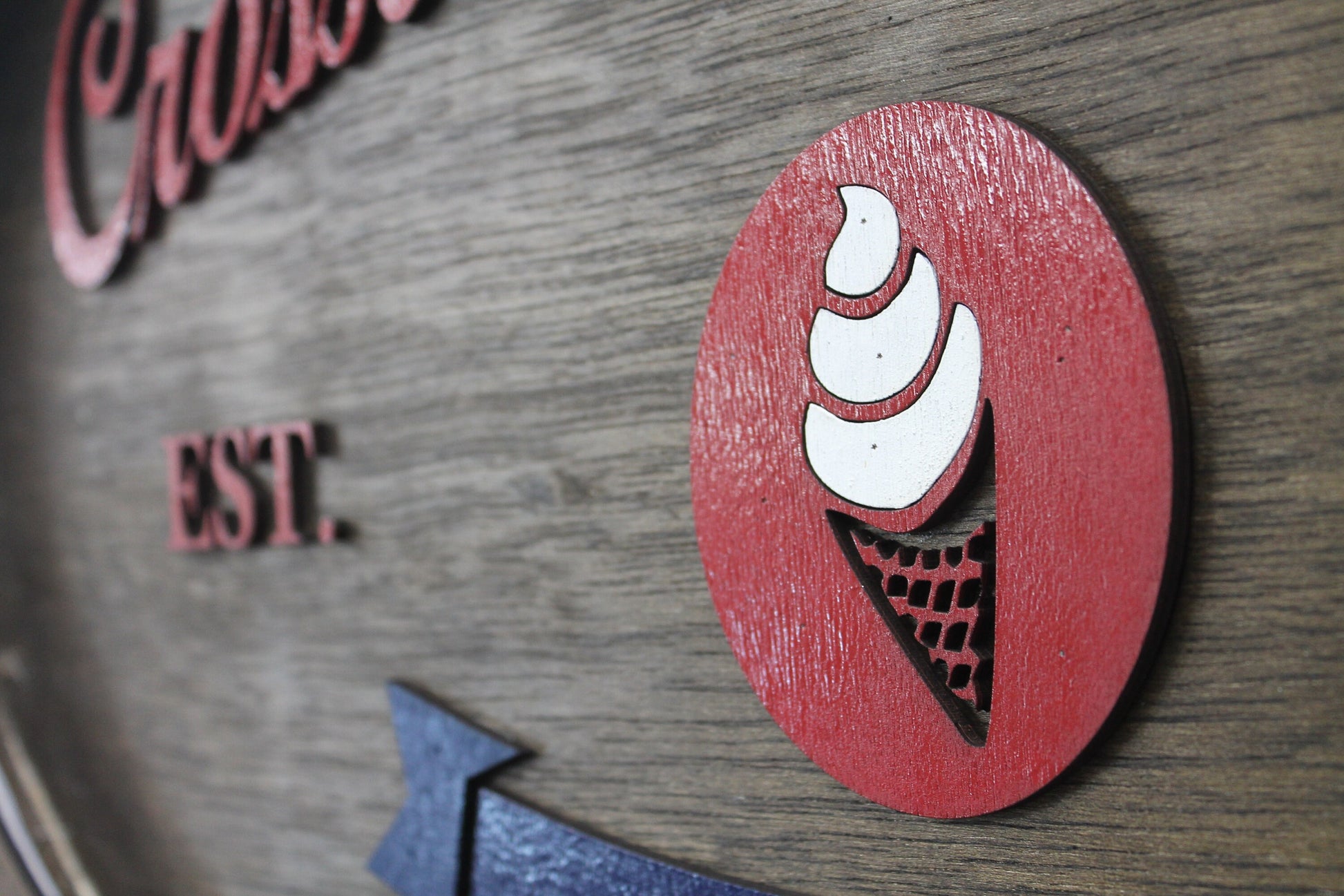 Custom Creamery Eatery Restaurant Ice Cream Wooden Led Elevated Text Raised Words Oval Light Up Indoor Remote Handmade Kitchen Logo