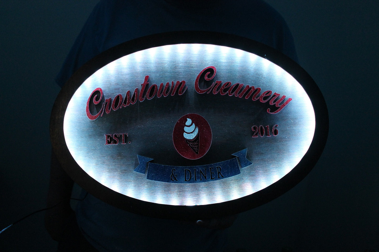 Custom Creamery Eatery Restaurant Ice Cream Wooden Led Elevated Text Raised Words Oval Light Up Indoor Remote Handmade Kitchen Logo