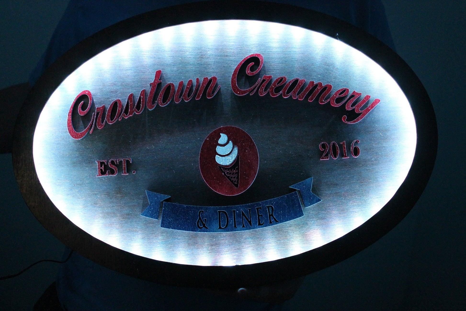 Custom Creamery Eatery Restaurant Ice Cream Wooden Led Elevated Text Raised Words Oval Light Up Indoor Remote Handmade Kitchen Logo