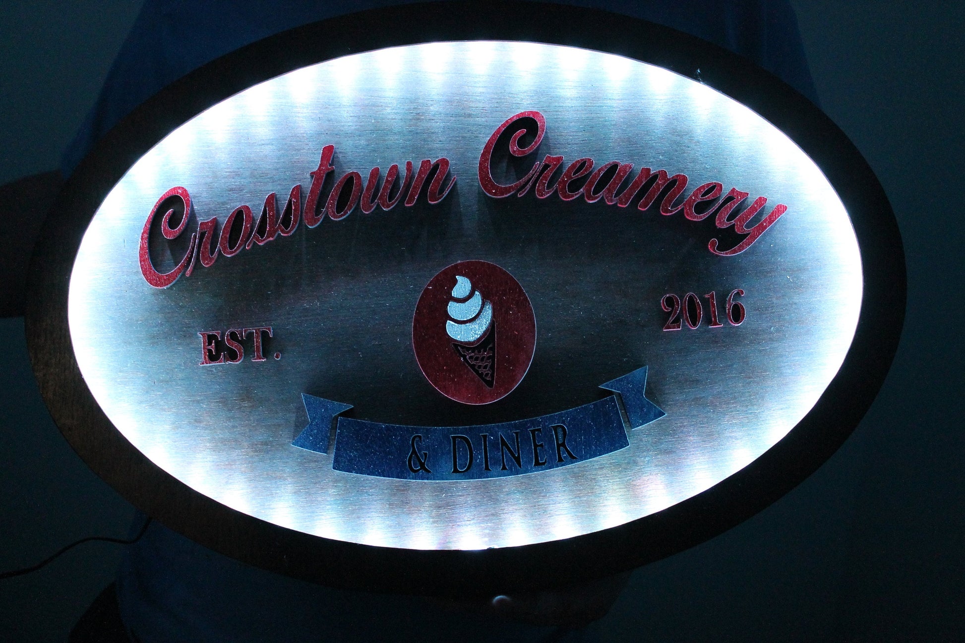 Custom Creamery Eatery Restaurant Ice Cream Wooden Led Elevated Text Raised Words Oval Light Up Indoor Remote Handmade Kitchen Logo