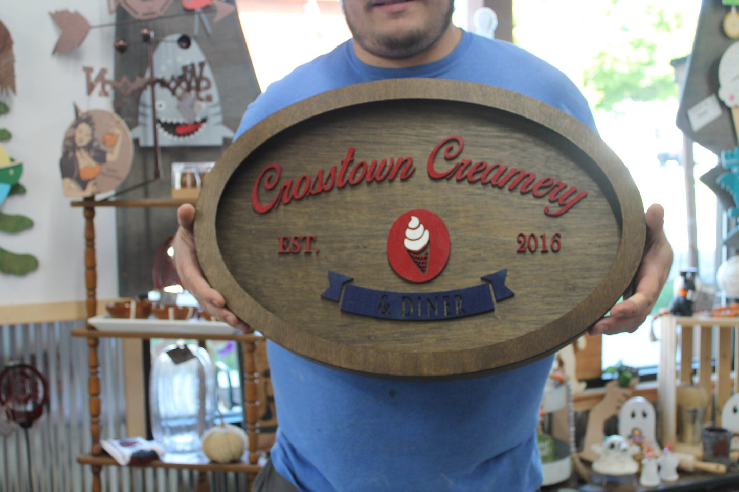 Custom Creamery Eatery Restaurant Ice Cream Wooden Led Elevated Text Raised Words Oval Light Up Indoor Remote Handmade Kitchen Logo