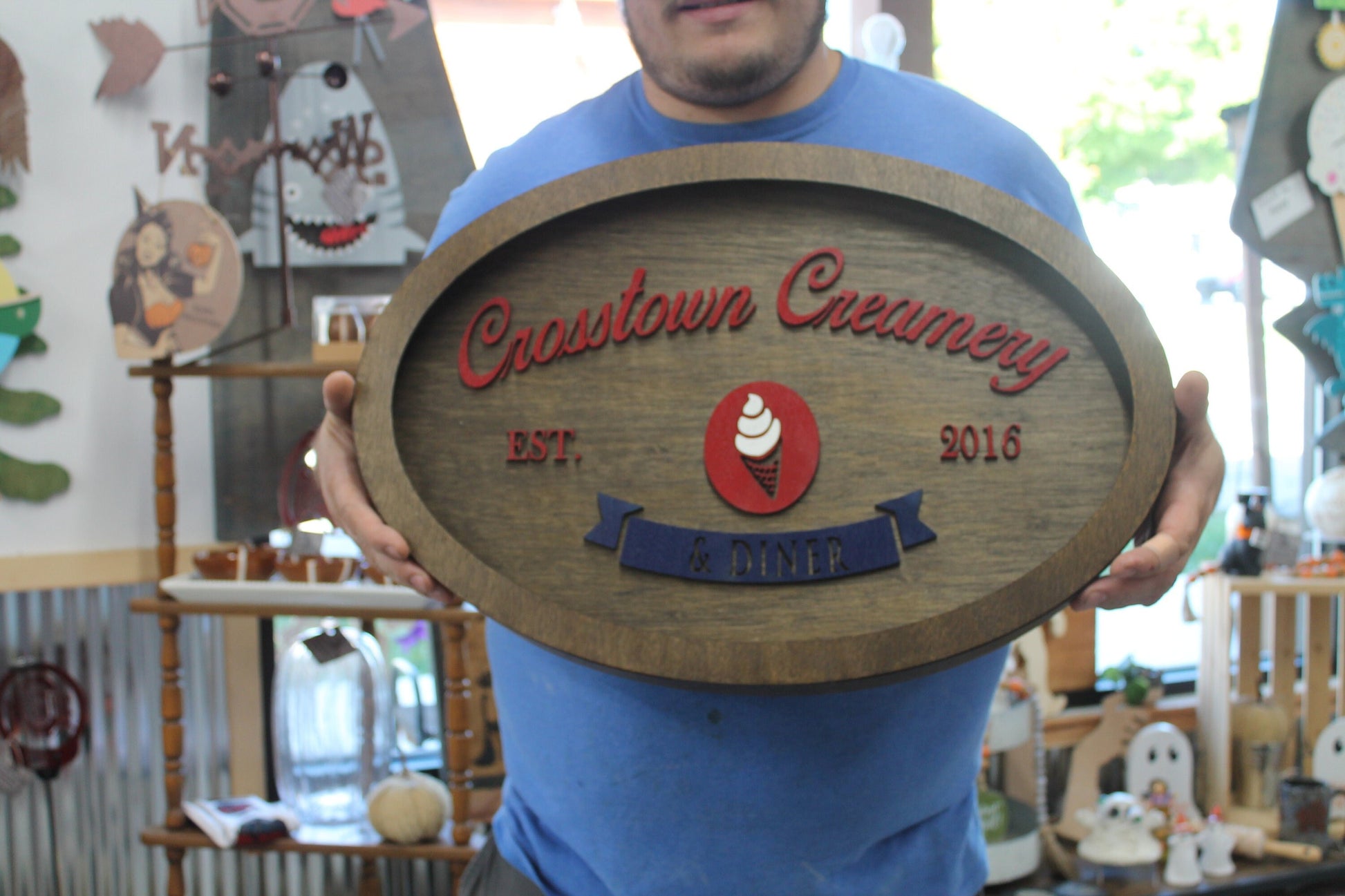 Custom Creamery Eatery Restaurant Ice Cream Wooden Led Elevated Text Raised Words Oval Light Up Indoor Remote Handmade Kitchen Logo