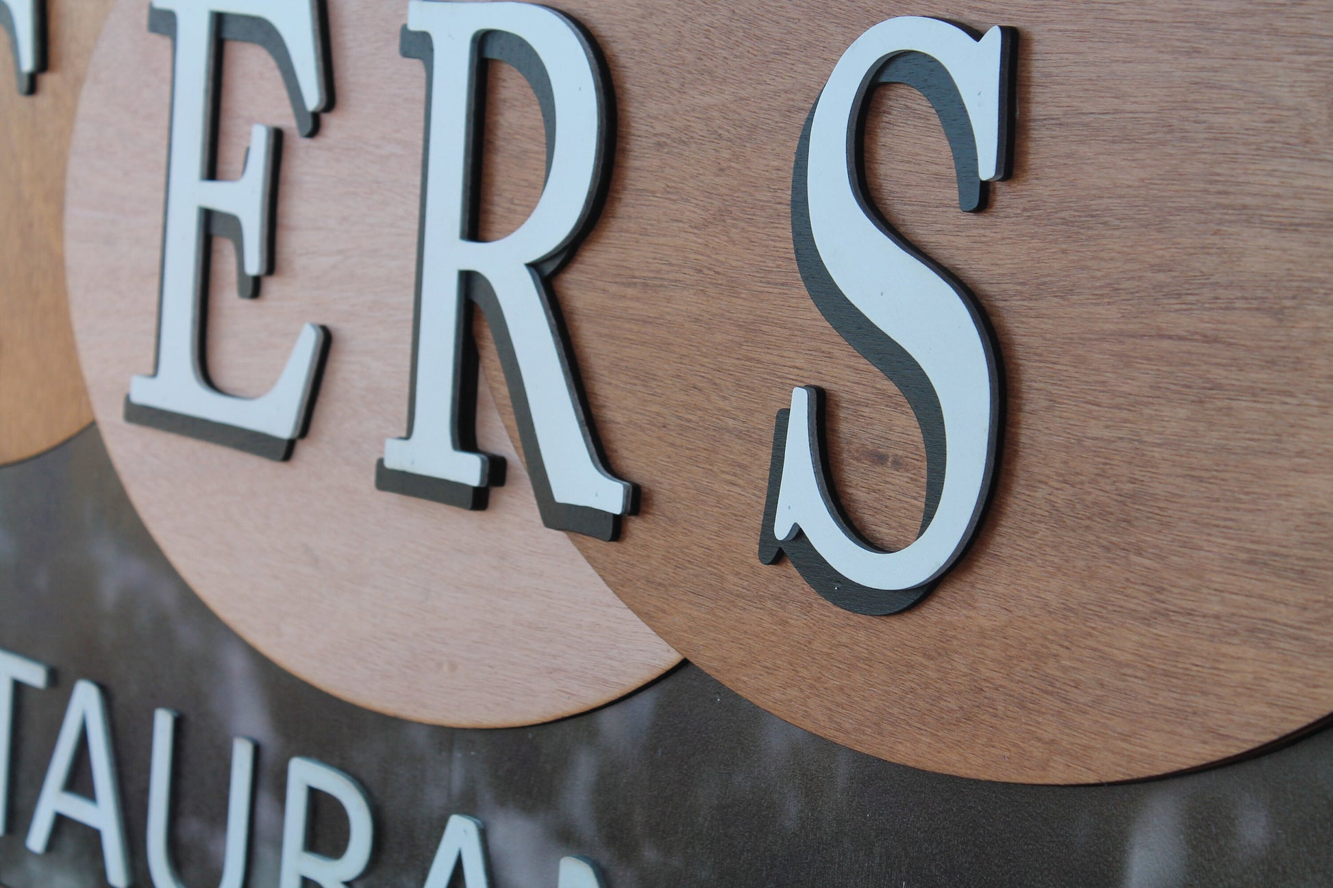 Custom Oversized Family Restaurant Waters Brown Blue Logo Printed and Raised Letters Handmade Wooden Signage Commerical Business