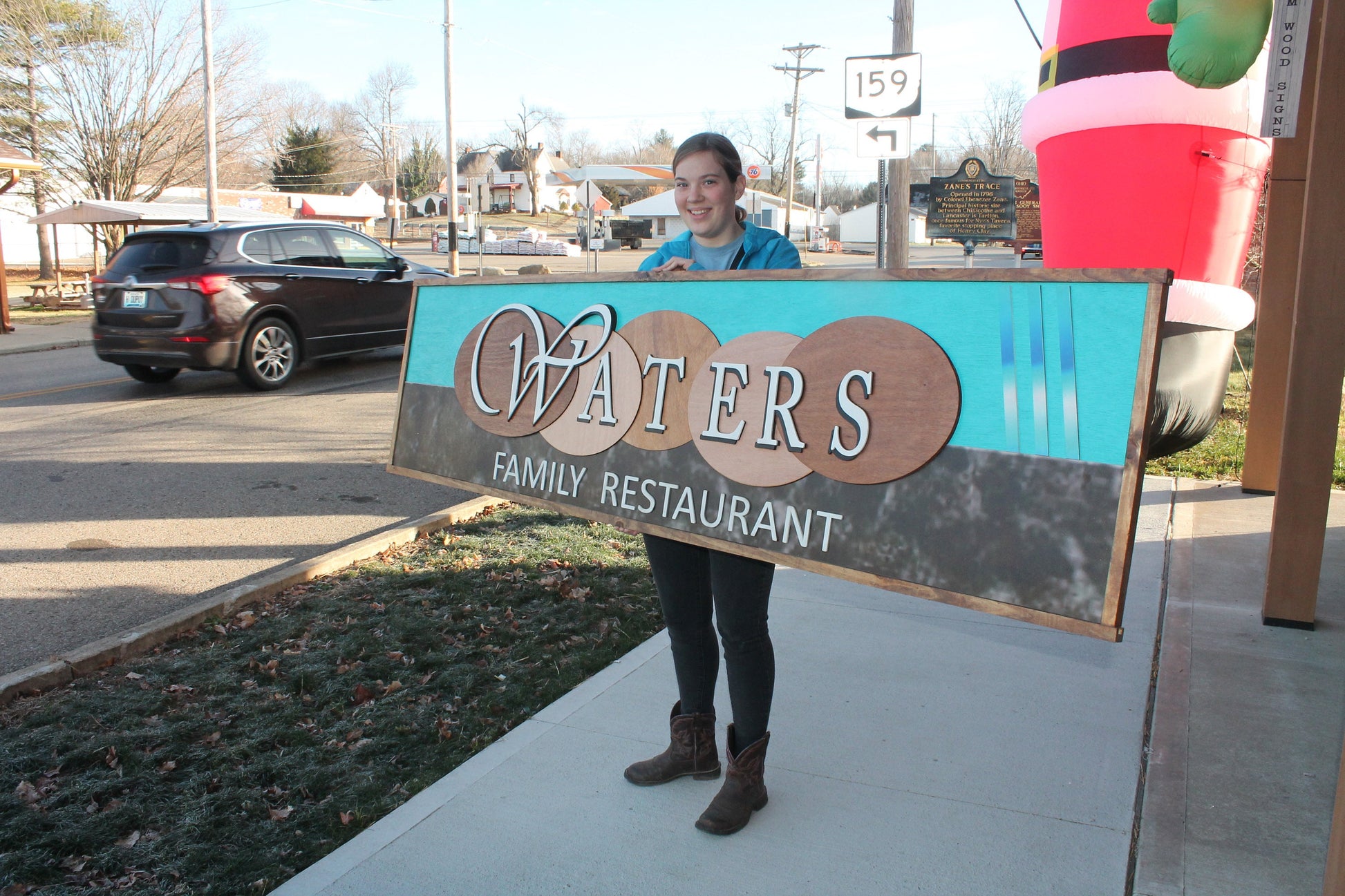 Custom Oversized Family Restaurant Waters Brown Blue Logo Printed and Raised Letters Handmade Wooden Signage Commerical Business