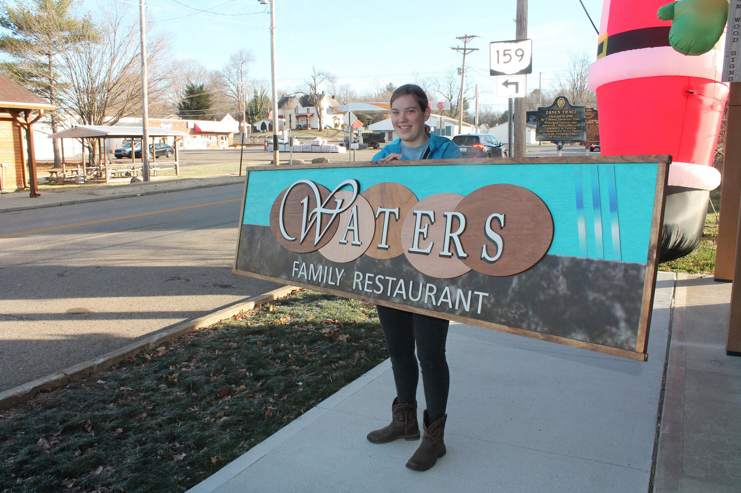 Custom Oversized Family Restaurant Waters Brown Blue Logo Printed and Raised Letters Handmade Wooden Signage Commerical Business
