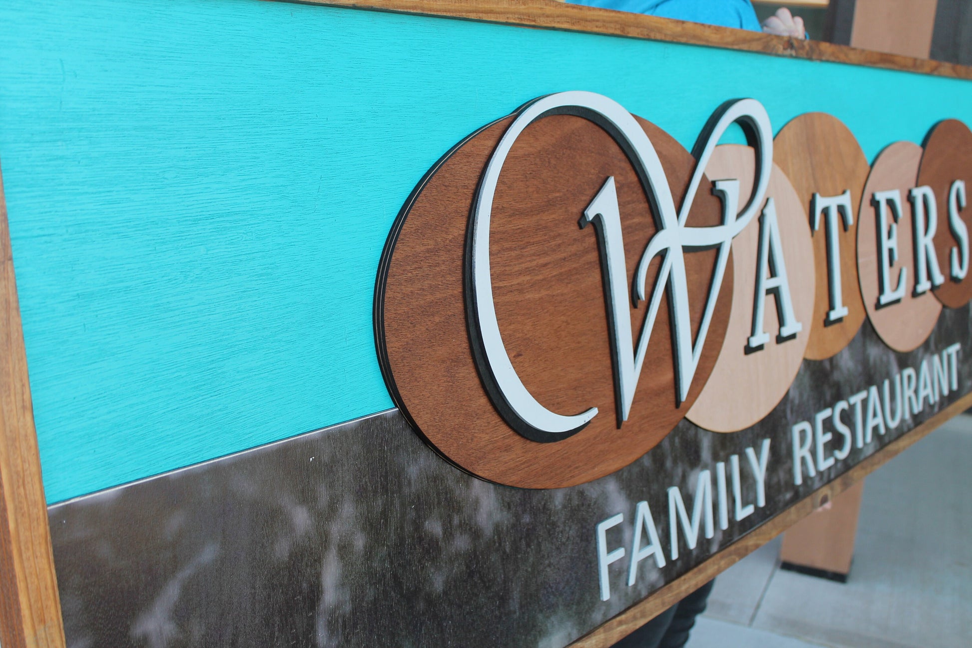 Custom Oversized Family Restaurant Waters Brown Blue Logo Printed and Raised Letters Handmade Wooden Signage Commerical Business